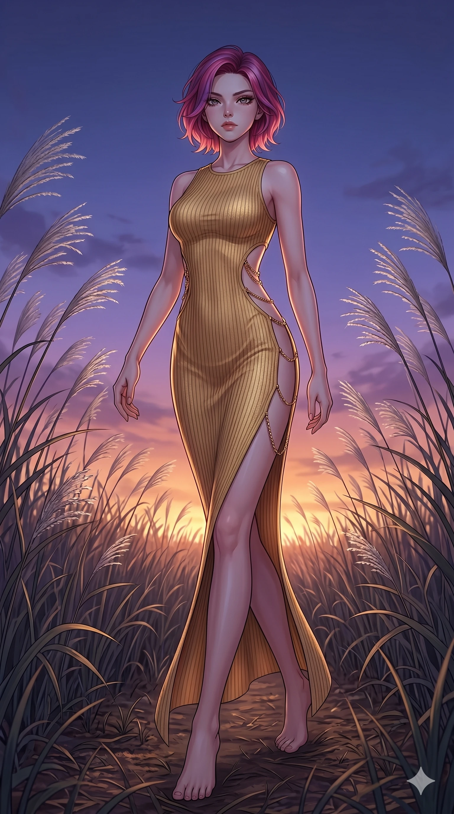 score_9, masterpiece, best quality, ultra-detailed, High-budget Anime Keyframe, East Asian woman. Dynamic full-body shot stretching the vertical silhouette to the limit. Scenario 178: Walking through a field of tall silver grass at twilight. Her presence is magnetic and overpowering in this high-budget anime scene. Outfit 178: A ribbed bodycon knit gold with a strategic side cut-outs and fine gold chains. The clothing is designed to emphasize her exceptionally tall and slender 8-heads proportion. 8-heads proportion, towering silhouette, ultra-slim waist. sharp v-shaped jawline, intricate jewel-like eyes with depth, thick eyelashes, glossy lips. 2k, ultra detail, master piece, 9:16 ratio