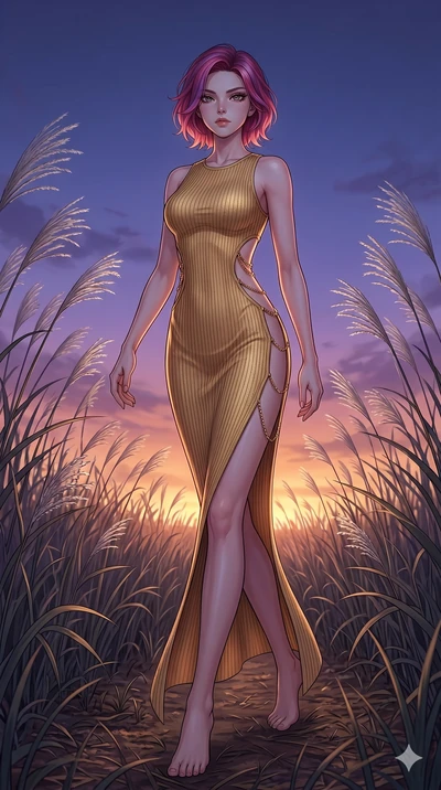 score_9, masterpiece, best quality, ultra-detailed, High-budget Anime Keyframe, East Asian woman. Dynamic full-body shot stretching the vertical silhouette to the limit. Scenario 178: Walking through a field of tall silver grass at twilight. Her pres