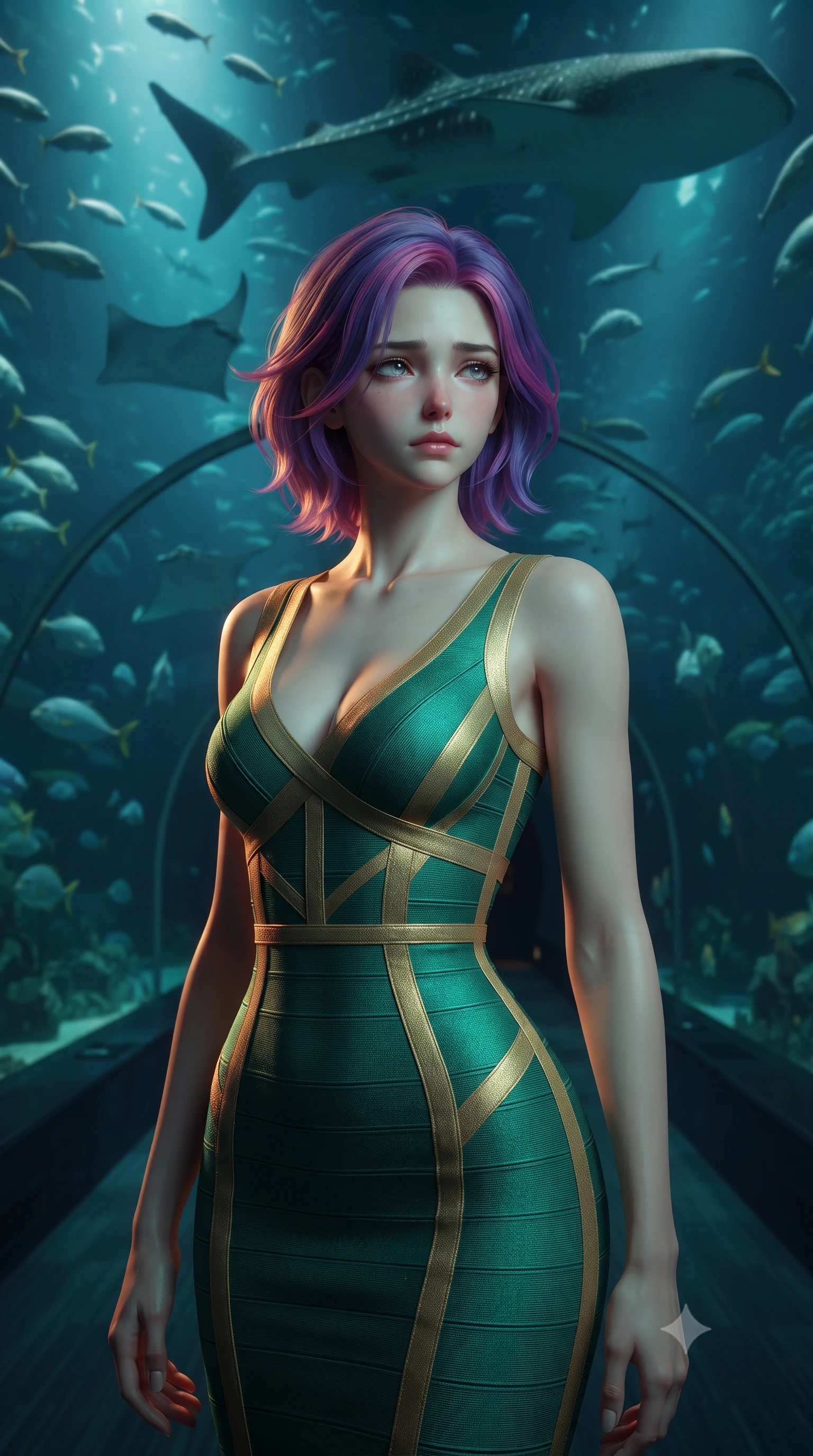 score_9, masterpiece, best quality, ultra-detailed, high-budget anime keyframe, editorial fashion photography, tasteful artistic composition, Caucasian woman, strictly human ears. close-up cowboy shot from the waist and thighs up, the character dominates the composition, filling the frame with her large presence, background elements kept in soft focus. Gazing into the distance with a wistful melancholic expression and softly glowing eyes. set against a soft-focus background of walking through a transparent acrylic tunnel in a massive deep-ocean aquarium with whale sharks manta rays and schools of tropical fish gliding silently overhead and on all sides in dark blue water. She has an exceptionally elegant and slender, willowy female figure with an ultra-slim waist, a gracefully sculpted slender torso, and a refined slim physique. sharp v-shaped jawline, high-bridge nose, intricate jewel-like eyes with depth, thick eyelashes, glossy lips with a natural sheen. wearing a precision-cut bandage dress in a striking emerald and gold pattern, contouring and highlighting her slender hourglass waist. warm amber rim lighting combined with cool teal fill light creating dramatic contrast. 2k, ultra detail, master piece, 9:16 ratio