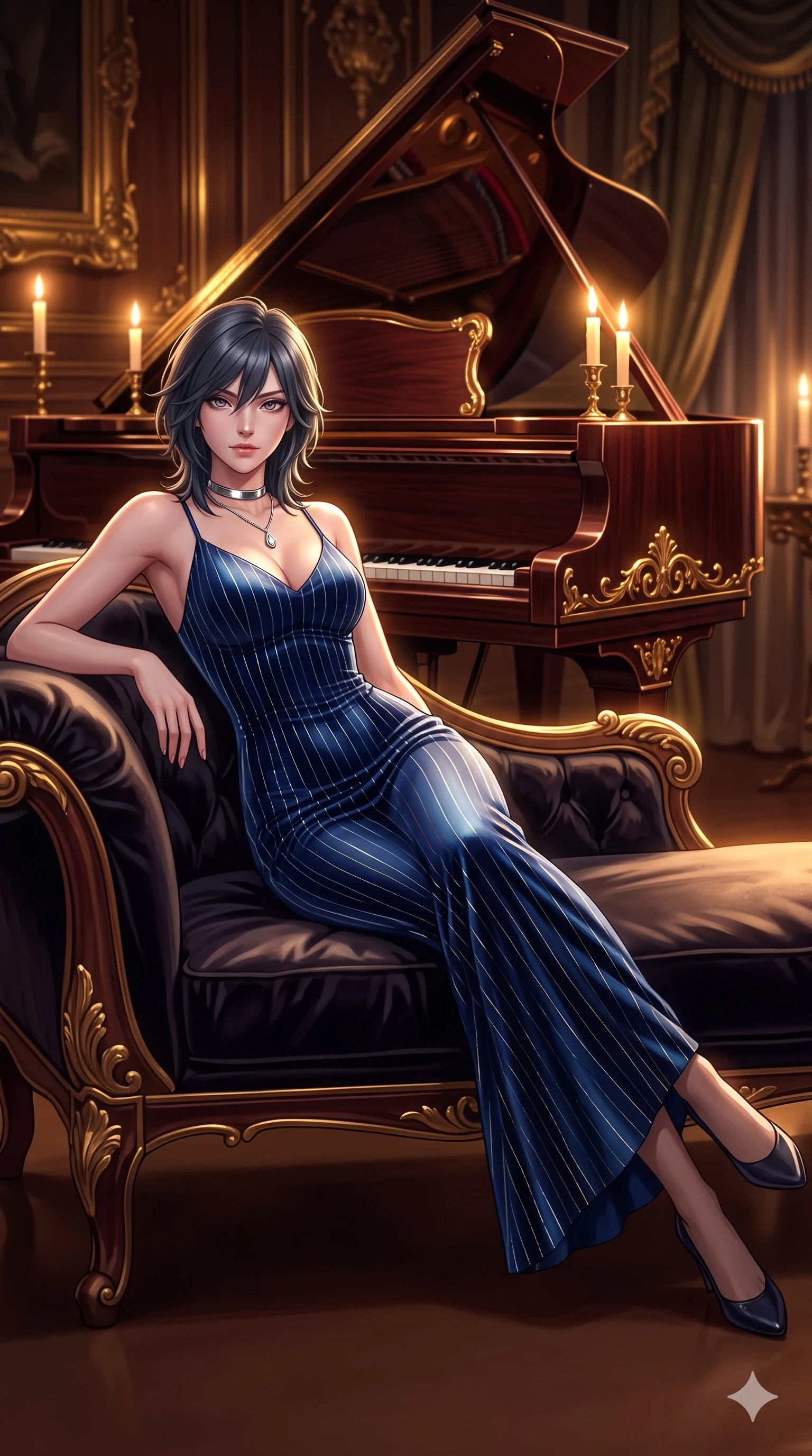 score_9, masterpiece, best quality, ultra-detailed, high-budget anime keyframe, semi-realistic 3D game render, editorial fashion photography, tasteful artistic composition, Caucasian woman. low angle full-body shot from head to toe showing her feet, filling the entire 9:16 vertical frame with her statuesque presence, stretching her vertical silhouette. reclining gracefully across the plush chaise lounge with one leg extended, her sculpted silhouette and flat midriff radiating magnetic nocturnal glamour while twisting her slender torso in an alluring S-curve, glowing sheet music candlelight and polished wood reflections tracing her narrow waist and curvy hips. The surrounding environment is rendered in vivid detail and crisp panoramic clarity: sharp ivory and ebony keyboard keys, gilded leg carvings, and crisp gold-leaf music score engravings in deep focus. She has an exceptionally tall and slender model-like 8.5-heads proportion, an ultra-slim waist, a flat toned midriff, narrow delicate ribcage, and beautifully sculpted feminine hips creating a graceful, slim hourglass silhouette without any bulky heaviness, with impossibly long slender legs. sharp v-shaped jawline, high-bridge nose, intricate jewel-like sparkling eyes with depth, thick eyelashes, glossy parted lips with a natural sheen, intensely captivating and seductive bedroom-eyes expression, exuding both youthful cute charm and sovereign luxury allure, flawlessly proportioned anatomical accuracy, strict slender model proportions, natural body alignment, perfectly sculpted long slender limbs, ultra-slim waistline, clean dynamic posture without body distortion. wearing a tailored liquid velvet bodycon dress with metallic fiber pinstripes following her statuesque 8.5-heads silhouette in midnight sapphire blue and liquid platinum, tailored from smooth liquid silk satin that clings smoothly to her narrow waist and rounded hips with a dewy sheen, finished with a minimalist chrome choker and a single teardrop diamond pendant, the glove-like clinging cut tightly following the natural contour of her hips and long slender legs with youthful 8.5-heads elegance. illuminated by polished rosewood bounce and sharp amber-gold rim lights sculpting her razor-sharp jawline, narrow waist, and curvy hips. highly saturated vibrant anime colors, detailed shading with soft gradients, rich glossy textures, high-contrast stereoscopic depth, volumetric dynamic lighting, master piece, 9:16 ratio