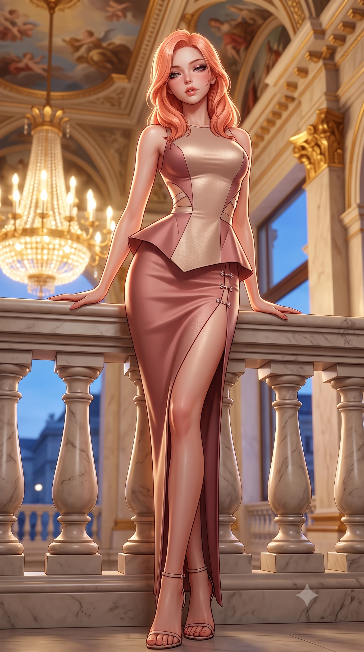 score_9, masterpiece, best quality, ultra-detailed, high-budget anime keyframe, semi-realistic 3D game render, editorial fashion photography, tasteful artistic composition, Japanese woman. low angle full-body shot from head to toe showing her feet, filling the entire 9:16 vertical frame with her statuesque presence, stretching her vertical silhouette. leaning deep against the structural architecture with hips cocked in an unapologetically bold, seductive high-fashion stance while resting both hands against a fluted marble balustrade overlooking the Ringstrasse, arching her lower back as gala chandelier light spills from within. The composition keeps background elements in soft focus with creamy bokeh. classical ceiling oil frescoes and gilded Corinthian capitals softened in opulent shallow focus. She has an exceptionally tall and slender model-like 8.5-heads proportion, an ultra-slim waist, a flat toned midriff, narrow delicate ribcage, and beautifully sculpted feminine hips creating a graceful, slim hourglass silhouette without any bulky heaviness, with impossibly long slender legs. sharp v-shaped jawline, high-bridge nose, intricate jewel-like eyes with depth, thick eyelashes, glossy parted lips with a natural sheen, intensely captivating and seductive bedroom-eyes expression, flawlessly proportioned anatomical accuracy, strict slender model proportions, natural body alignment, perfectly sculpted long slender limbs, ultra-slim waistline, clean dynamic posture without body distortion. wearing a structural geometric peplum gown with sheer side-ribbon cutouts and form-fitting skirt in dusky blush rose and champagne shimmer, tailored from water-resistant treated wool gabardine and flexible stretch silk, finished with an ultra-high side slit secured by miniature jeweled clasps, the second-skin form-contouring cut accentuating her sculpted flat midriff, narrow delicate ribcage, and gracefully curvy hips with supermodel precision. bathed in opulent golden chandelier light radiating from the grand foyer and cool blue evening sky fill. highly saturated vibrant anime colors, detailed shading with soft gradients, rich glossy textures, high-contrast stereoscopic depth, volumetric dynamic lighting, master piece, 9:16 ratio