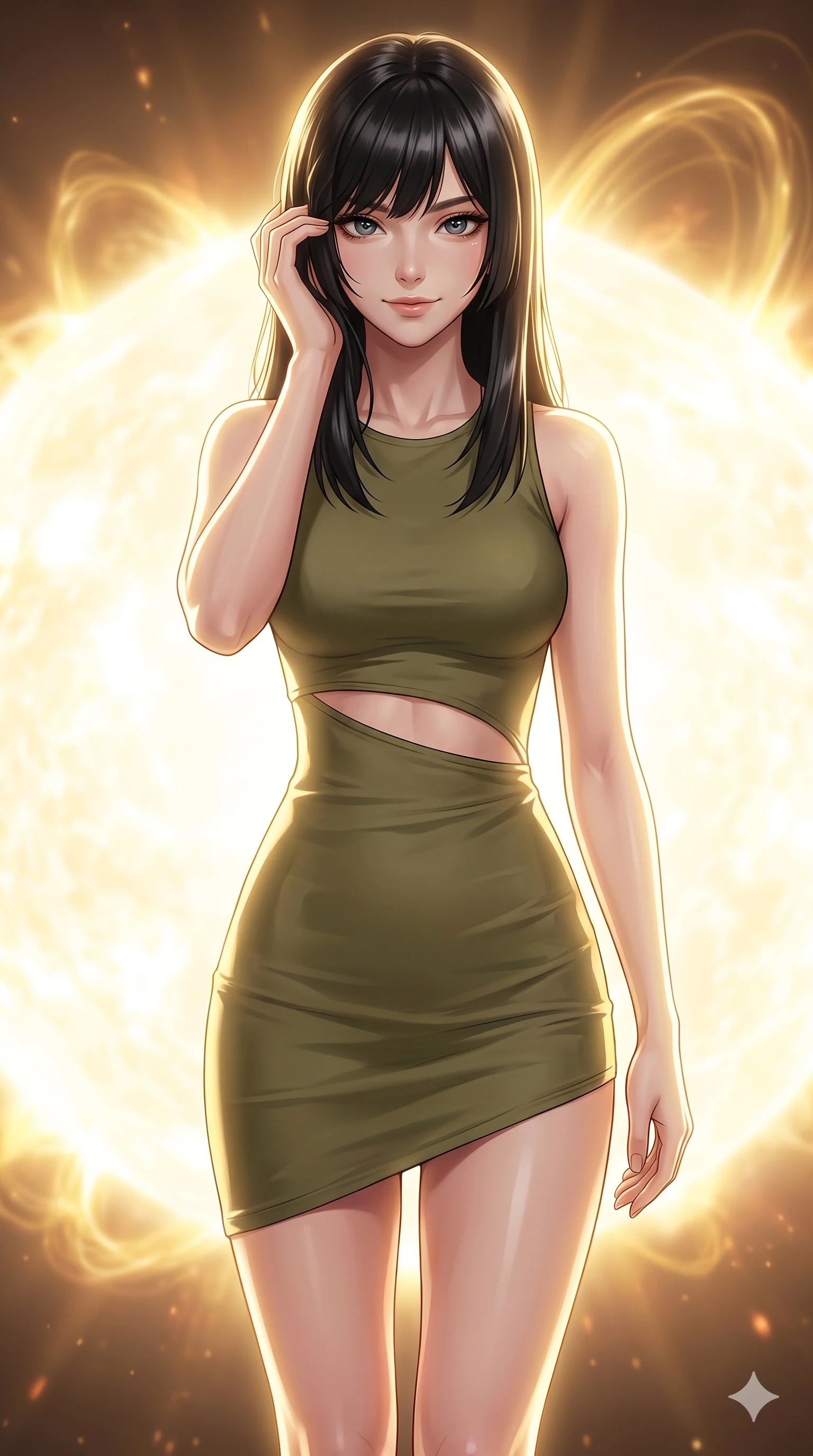 score_9, masterpiece, best quality, ultra-detailed, high-budget anime keyframe, editorial fashion photography, tasteful artistic composition, Caucasian woman, strictly human ears. close-up cowboy shot from the waist and thighs up, the character dominates the composition, filling the frame with her large presence, background elements kept in soft focus. Gently brushing hair from her face with an enigmatic half-smile. set against a soft-focus background of a bridge made of solidified solar plasma stretching across the blazing corona of the sun with heat shimmer distorting the view and enormous magnetic field lines arcing overhead like golden ribbons. She has an exceptionally elegant and slender, willowy female figure with an ultra-slim waist, a gracefully sculpted slender torso, and a refined slim physique. sharp v-shaped jawline, high-bridge nose, intricate jewel-like eyes with depth, thick eyelashes, glossy lips with a natural sheen. wearing a bodycon mini dress in olive green, featuring a side cut-out at the waist and an asymmetric hem. overwhelming golden-white solar radiance from all directions with intense hot orange corona glow and plasma flare highlights creating a blinding luminous atmosphere. 2k, ultra detail, master piece, 9:16 ratio