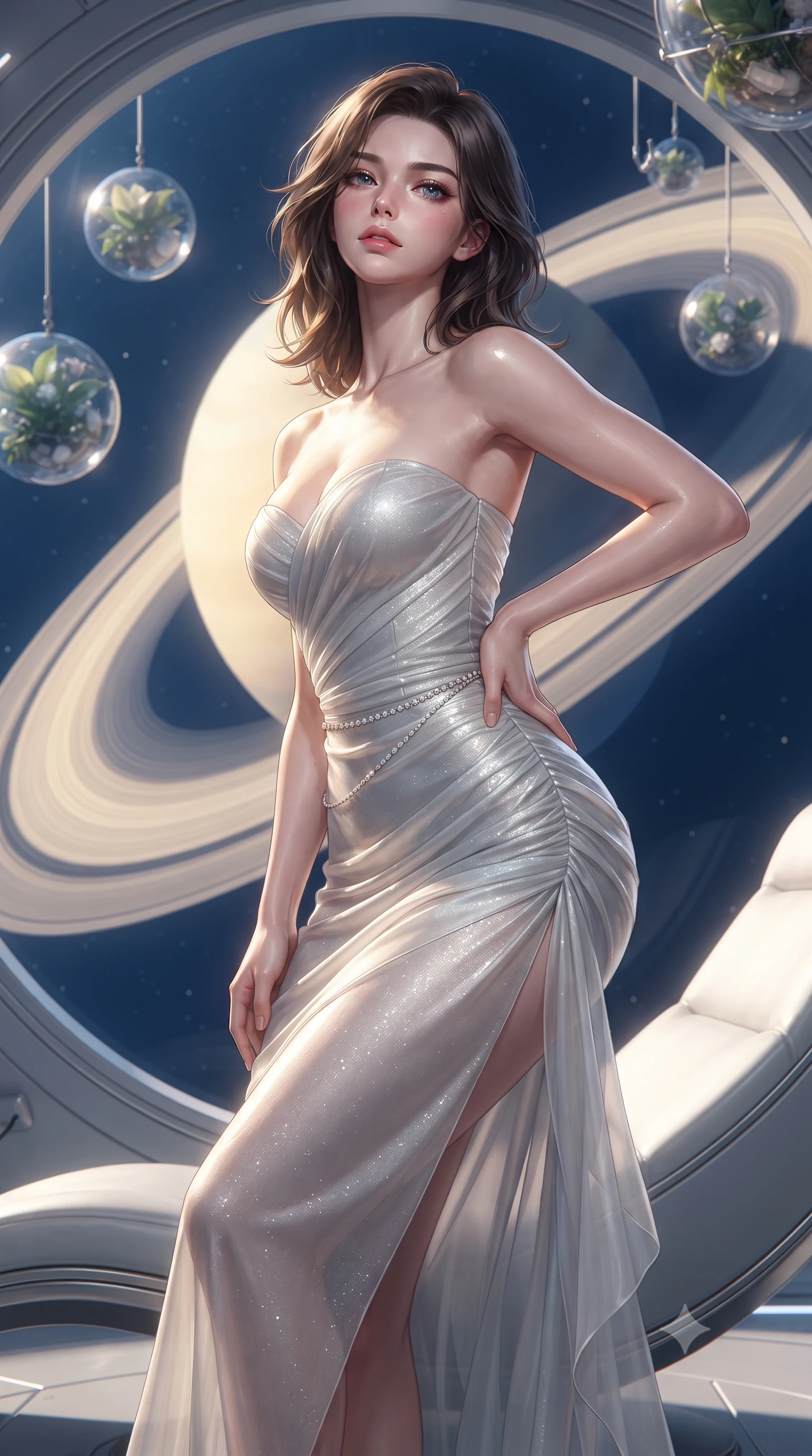 score_9, masterpiece, best quality, ultra-detailed, high-budget anime keyframe, editorial fashion photography, tasteful artistic composition, Korean woman. close-up cowboy shot from the waist and thighs up, the character dominates the composition, filling the frame with her large presence. tilting her chin up with proud, sovereign allure while gazing through thick eyelashes, one hand resting on her waist in pure supermodel charisma while perching on the rim of a curved platinum-framed lounger, arching her lower back as the colossal opalescent ice rings of Saturn stretch across the panoramic quartz viewport. The composition keeps background elements in soft focus with creamy bokeh. suspended zero-gravity botanical spheres and titanium truss frames softened in glamorous sci-fi shallow focus. She has an exceptionally elegant, slender, and willowy female figure with an ultra-slim waist, flat toned midriff, narrow ribcage, and sculpted feminine hips creating an alluring, slim hourglass silhouette without bulk. sharp v-shaped jawline, high-bridge nose, intricate jewel-like eyes with depth, thick eyelashes, glossy parted lips with a natural sheen, intensely captivating and seductive bedroom-eyes expression, flawlessly proportioned anatomical accuracy, strict slender model proportions, natural body alignment, perfectly sculpted long slender limbs, ultra-slim waistline, clean dynamic posture without body distortion. wearing an ultra-fitted strapless bustier midi dress with side hip ruching and exposed spine in shimmering silver mercury and pearl white, woven from layered gossamer chiffon with a weightless sweeping drape, accented with a dainty diamond waist chain catching the ambient light reflections, the glove-like aerodynamic silhouette tightly following the natural contour of her hips and long slender legs with statuesque 8.5-heads elegance. bathed in ethereal golden ring-shine from Saturn's rings contrasting with deep space blue ambient fill. ultra-reflective glossy finish, specular highlights, rich textural contrasts, high-contrast stereoscopic depth, volumetric dynamic lighting, 2k, ultra detail, master piece, 9:16 ratio