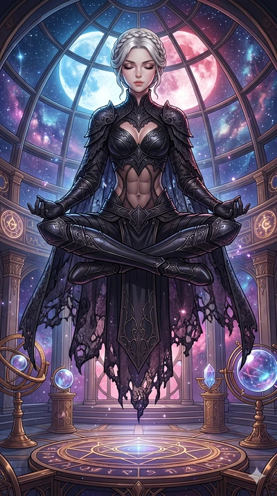score_9, masterpiece, best quality, ultra-detailed, high-budget anime movie keyframe, cinematic anime lighting, intricate line art, Korean woman. Dynamic full-body shot stretching the vertical silhouette across the 9:16 frame. meditating peacefully i