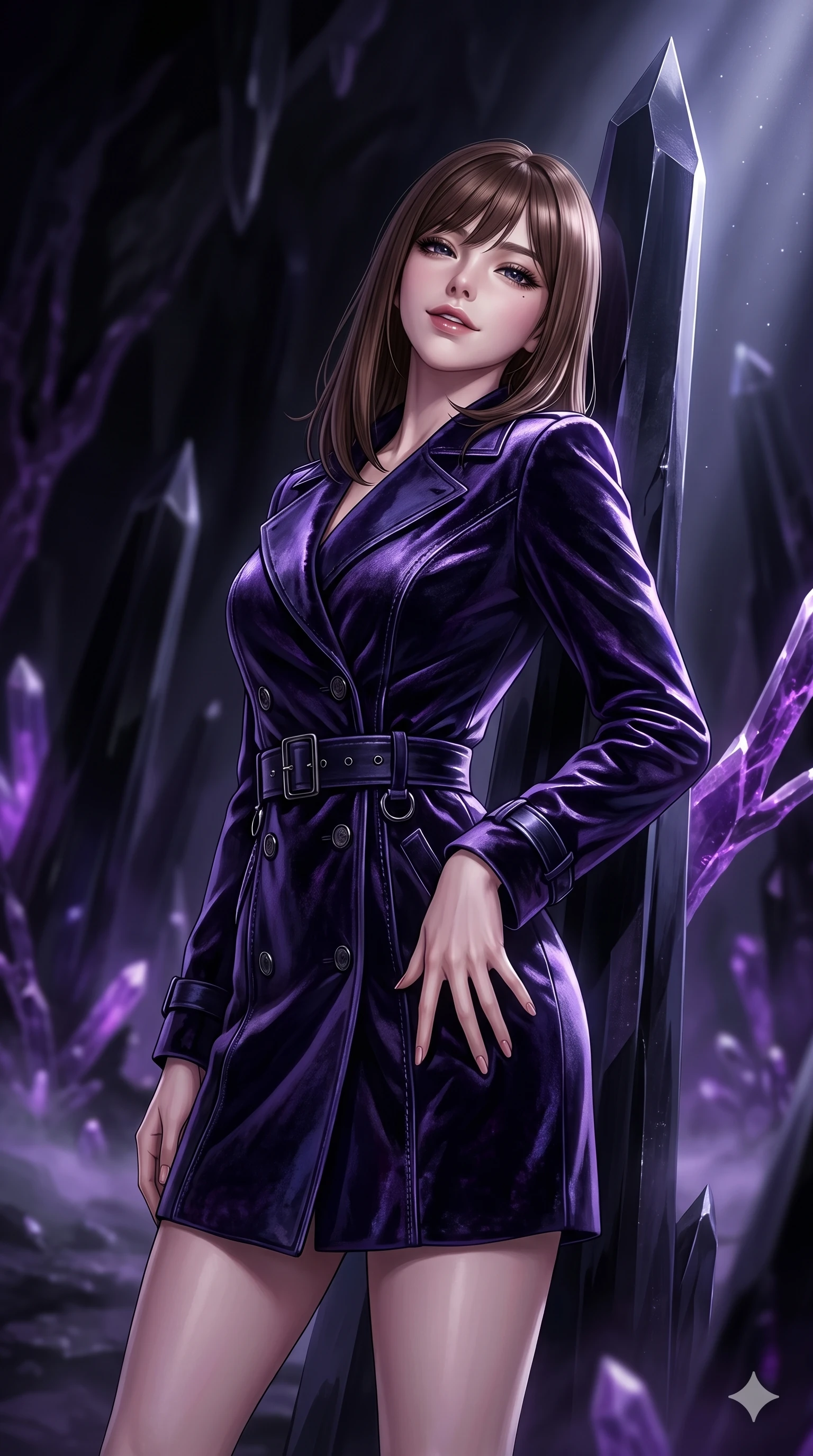score_9, masterpiece, best quality, ultra-detailed, high-budget anime keyframe, semi-realistic 3D game render, editorial fashion photography, tasteful artistic composition, Korean woman. close-up cowboy shot from the waist and thighs up, the character dominates the composition, filling the frame with her large presence. tilting her head with a teasing half-smile, running one hand slowly down the side of her hip in a flirtatious S-curve while leaning against a towering crystalline needle with hips cocked back, casting an intoxicating, sultry bedroom-gaze over a bare shoulder. The background shows a soft-focus towering black obsidian needle monoliths, branching violet crystal veins, and subterranean mist blurred into amethyst, violet, and obsidian bokeh. She has an exceptionally elegant, slender, and willowy female figure with an ultra-slim waist, flat toned midriff, narrow ribcage, and sculpted feminine hips creating an alluring, slim hourglass silhouette without bulk. sharp v-shaped jawline, high-bridge nose, intricate jewel-like dark sparkling eyes with hypnotic seductive depth, thick curled eyelashes, glossy parted lips with a natural wine sheen, alluring bedroom-eyes with an enigmatic smoldering smile, exuding magnetic sovereign charisma and dark avant-garde glamour, flawlessly proportioned anatomical accuracy, strict slender model proportions, natural body alignment, perfectly sculpted long slender limbs, ultra-slim waistline, clean dynamic posture without body distortion. wearing a structured double-breasted midnight trench coat dress with dark titanium buckle belt in iridescent dark violet taffeta and midnight indigo, tailored from crushed dark velvet with deep light-absorbing plush texture, trimmed with dark chrome ring hardware along the waist contours, accentuating her gracefully sculpted slender torso and statuesque proportions. lit by cold silver beams and violet crystal luminescence cutting through pitch-black subterranean darkness. highly saturated vibrant anime colors, detailed shading with soft gradients, rich glossy textures, high-contrast stereoscopic depth, volumetric dynamic lighting, master piece, 9:16 ratio
