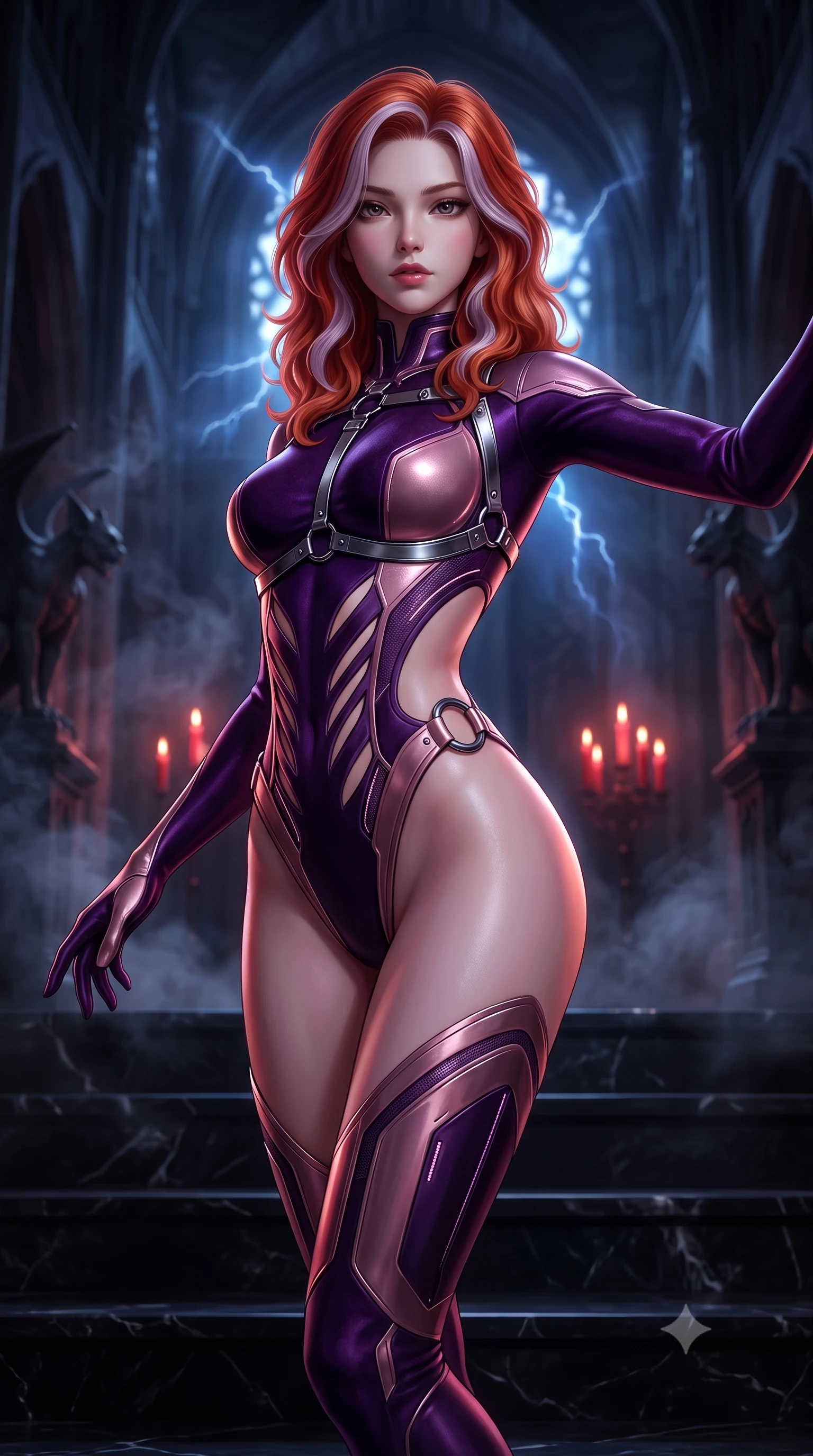 score_9, masterpiece, best quality, ultra-detailed, high-budget anime keyframe, semi-realistic 3D game render, editorial fashion photography, tasteful artistic composition, Caucasian woman. close-up cowboy shot from the waist and thighs up, the character dominates the composition, filling the frame with her large presence. extending one arm gracefully toward the shadows while her torso arches in a sleek, alluring curve with intoxicating, dangerous allure while pivoting dynamically on polished black marble cathedral steps as shadows of Gothic gargoyles flicker across her statuesque silhouette. The composition keeps background elements in soft focus with creamy bokeh. soaring gothic cathedral vaults and drifting incense smoke softened in dark, moody shallow depth of field. She has an exceptionally elegant, slender, and willowy female figure with an ultra-slim waist, a gracefully sculpted slender torso, toned flat midriff, and a refined slim silhouette. sharp v-shaped jawline, high-bridge nose, intricate jewel-like eyes with depth, thick eyelashes, glossy lips with a natural sheen, flawlessly proportioned anatomical accuracy, strict slender model proportions, natural body alignment, perfectly sculpted long slender limbs, ultra-slim waistline, clean dynamic posture without body distortion. wearing a skin-tight cyber-noir tech bodysuit featuring diagonal slitted cutouts on the midriff, a high-cut leg line, and a metallic chrome harness in deep velvet violet and rose-gold metallic clasps, tailored from semi-translucent dark cybernetic vinyl with subtle glowing micro-filaments, detailed with polished gunmetal rings connecting the daring side-waist cutouts, the glove-like aerodynamic second-skin fit tightly clinging to her ultra-slender waist and athletic curves without adding bulk, accentuating her razor-sharp statuesque lines and slim hourglass silhouette. bathed in dramatic blue lightning flashes and warm flickering crimson candlelight backlighting. rich saturated anime colors with deep moody shadows, detailed chiaroscuro shading with soft gradients, rich glossy textures, high-contrast stereoscopic depth, volumetric dynamic shadow lighting, master piece, 9:16 ratio