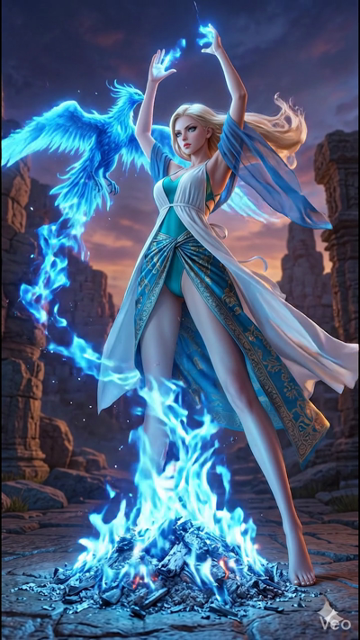 A majestic 8-second shot of a woman in a flowing white and blue gown standing among ancient ruins at sunset. As she raises her hands, a massive phoenix made of brilliant blue flames erupts from a bonfire and takes flight, circling the ruins and leavi