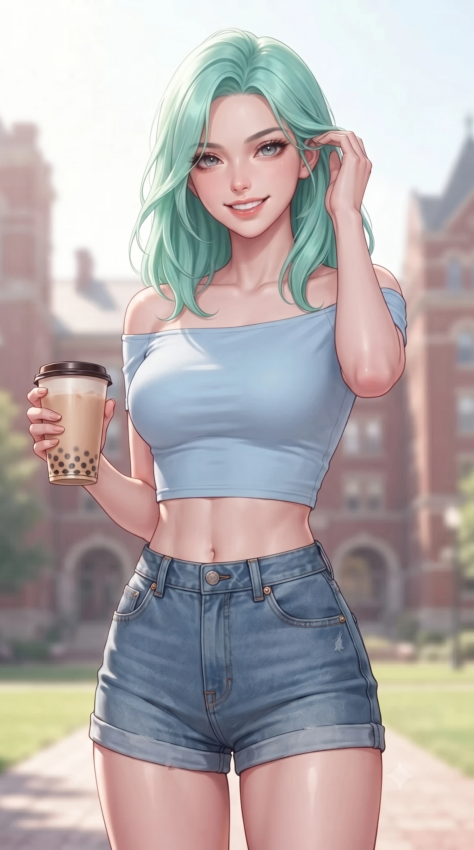 score_9, masterpiece, best quality, ultra-detailed, high-budget anime keyframe, editorial fashion photography, tasteful artistic composition, Japanese woman. close-up cowboy shot from the waist and thighs up, the character dominates the composition, filling the frame with her large presence, background elements kept in soft focus. flashing an intoxicating, sunny grin while brushing a strand of hair away from her face set against a soft-focus background of on a sun-drenched university campus quad surrounded by historic red-brick lecture halls holding a warm paper cup of milk tea with bubbles. She has an exceptionally elegant, slender, and willowy female figure with an ultra-slim waist, a gracefully sculpted slender torso, and a refined silhouette. sharp v-shaped jawline, high-bridge nose, intricate jewel-like eyes with depth, thick eyelashes, glossy lips with a natural sheen. wearing slim-fit off-shoulder crop top in baby blue, paired with high-waist denim shorts. soft diffused daylight creating a clean, high-key glow in the space. ultra-reflective glossy finish, specular highlights, metallic sheen, high-contrast stereoscopic depth, volumetric dynamic lighting, 2k, ultra detail, master piece, 9:16 ratio