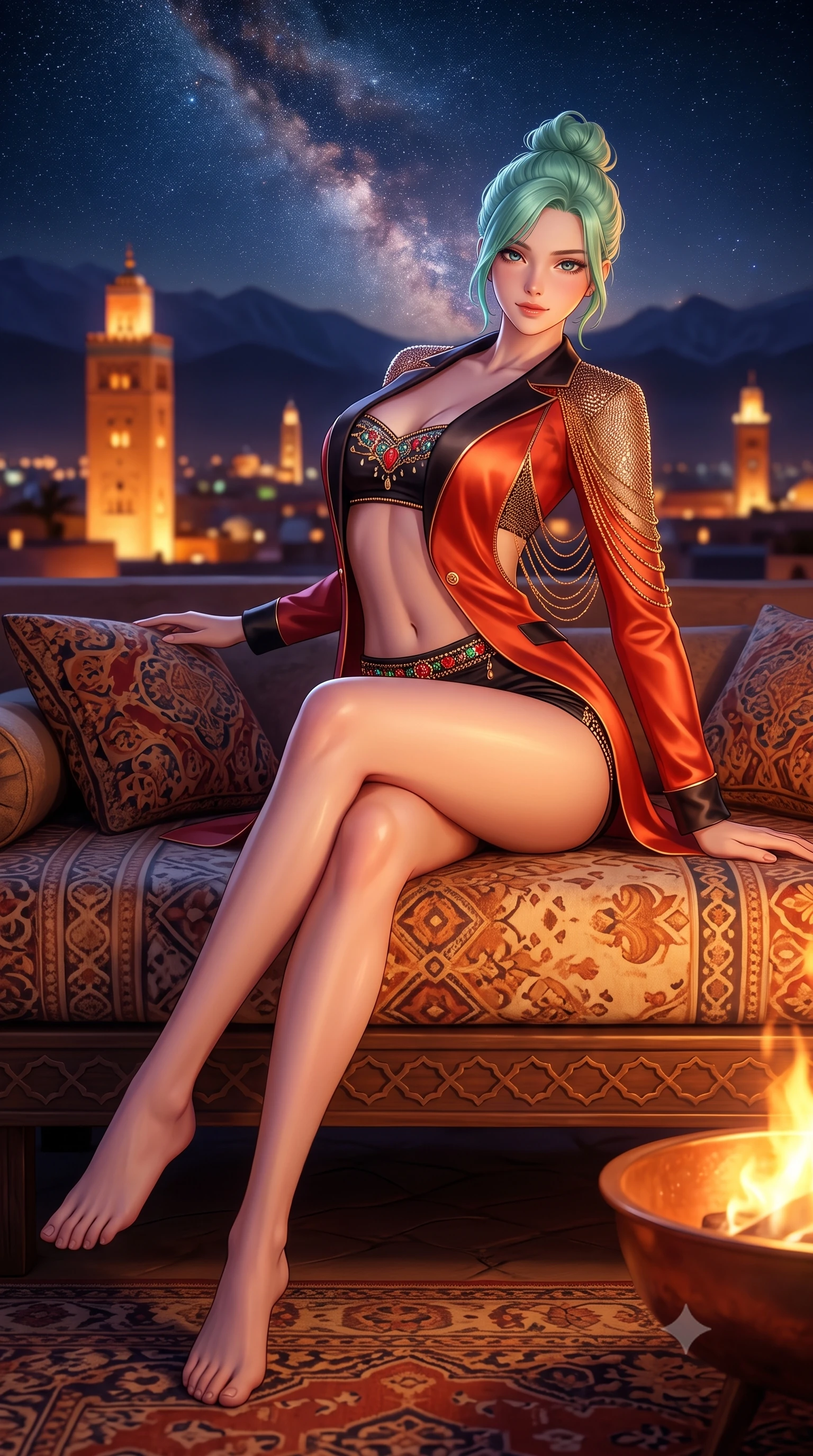 score_9, masterpiece, best quality, ultra-detailed, high-budget anime keyframe, semi-realistic 3D game render, editorial fashion photography, tasteful artistic composition, Japanese woman. low angle full-body shot from head to toe showing her feet, filling the entire 9:16 vertical frame with her statuesque presence, stretching her vertical silhouette. lounging on the lavish daybed with legs crossed and hips angled toward the camera, displaying her toned midriff and long slender limbs with effortless siren poise while twisting her slender torso in an alluring S-curve, warm night desert winds and dancing copper fire bowl flames sculpting highlights on her silhouette. The background shows a soft-focus illuminated towers and minarets of the ancient Medina, silhouettes of distant Atlas mountain peaks, and brilliant desert Milky Way blurred into terracotta, saffron, and indigo bokeh. She has an absolutely perfect, statuesque 8.5-heads proportion, an exceptionally tall and slender model-like female figure with impossibly long slender legs, an ultra-slim waist, a flat toned midriff, narrow delicate ribcage, and beautifully sculpted feminine hips creating a graceful, slim hourglass silhouette without any bulky heaviness. sharp v-shaped jawline, high-bridge nose, sparkling eyes with hypnotic seductive depth, thick curled eyelashes, glossy parted lips with a natural dewy peach sheen, alluring bedroom-eyes with an enchanting coquettish smile, exuding magnetic siren charisma and sophisticated glamour, flawlessly proportioned anatomical accuracy, strict slender model proportions, natural body alignment, perfectly sculpted long slender limbs, ultra-slim waistline, clean dynamic posture without body distortion. wearing a tailored open-front satin smoking jacket worn over a jewel-embellished bandeau and micro-shorts in Pudong electric vermilion and obsidian lacquer, crafted from shimmering fluid chainmail mesh reflecting ambient lights, accented with an open-back drape framed by falling strands of delicate gold chains, the glove-like clinging cut tightly following the natural contour of her hips and long slender legs with youthful 8.5-heads elegance. illuminated by rooftop tile reflection fill and sharp flame-gold rim lights sculpting her jawline, flat midriff, and voluptuous hip curves. highly saturated vibrant anime colors, detailed shading with soft gradients, rich glossy textures, high-contrast stereoscopic depth, volumetric dynamic lighting, master piece, 9:16 ratio