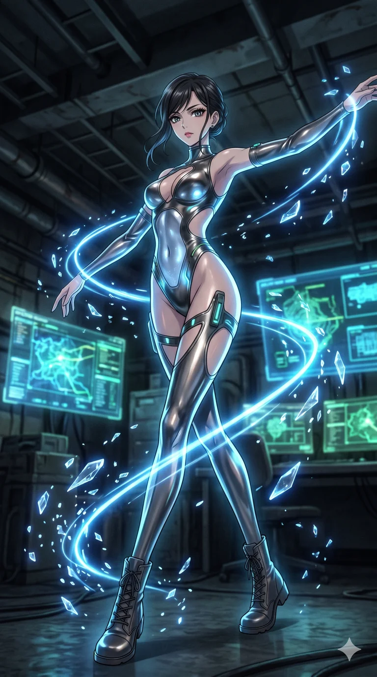 score_9, masterpiece, best quality, ultra-detailed, High-budget Anime Keyframe, vibrant colors, fluid line-art, expressive lighting, cinematic composition, Ufotable-style visual effects, top-tier animation quality, Japanese woman with delicate and elegant anime-inspired features. Wide-angle low shot emphasizing her impossibly long slender legs and commanding stature. Dancing gracefully with floating data-shards and crystalline fragments in a minimalist digital void, her movements leaving trails of glowing blue light. She has an absolutely perfect 8-heads proportion, an exceptionally tall and slender female figure with impossibly long slender legs and an ultra-slim waist, her statuesque height and towering silhouette dominating the vertical 9:16 frame. Her face is a masterpiece featuring a sharp v-shaped jawline, high-bridge nose, intricate jewel-like eyes with depth, thick eyelashes, and glossy lips with a natural sheen. She is wearing a Molten metal-look bodysuit with daring cut-outs and a high-cut silhouette crafted from Bioluminescent silk that emits a soft, ethereal glow from within the fabric, with integrated neon-lit tactical gear and suggestive cutouts on the thighs. The scene is set in an underground rebel bunker with flickering holographic screens and tactical maps, illuminated by dynamic strobe effects that capture her movement in a series of sharp fragments. 2k, ultra detail, master piece, 9:16 ratio