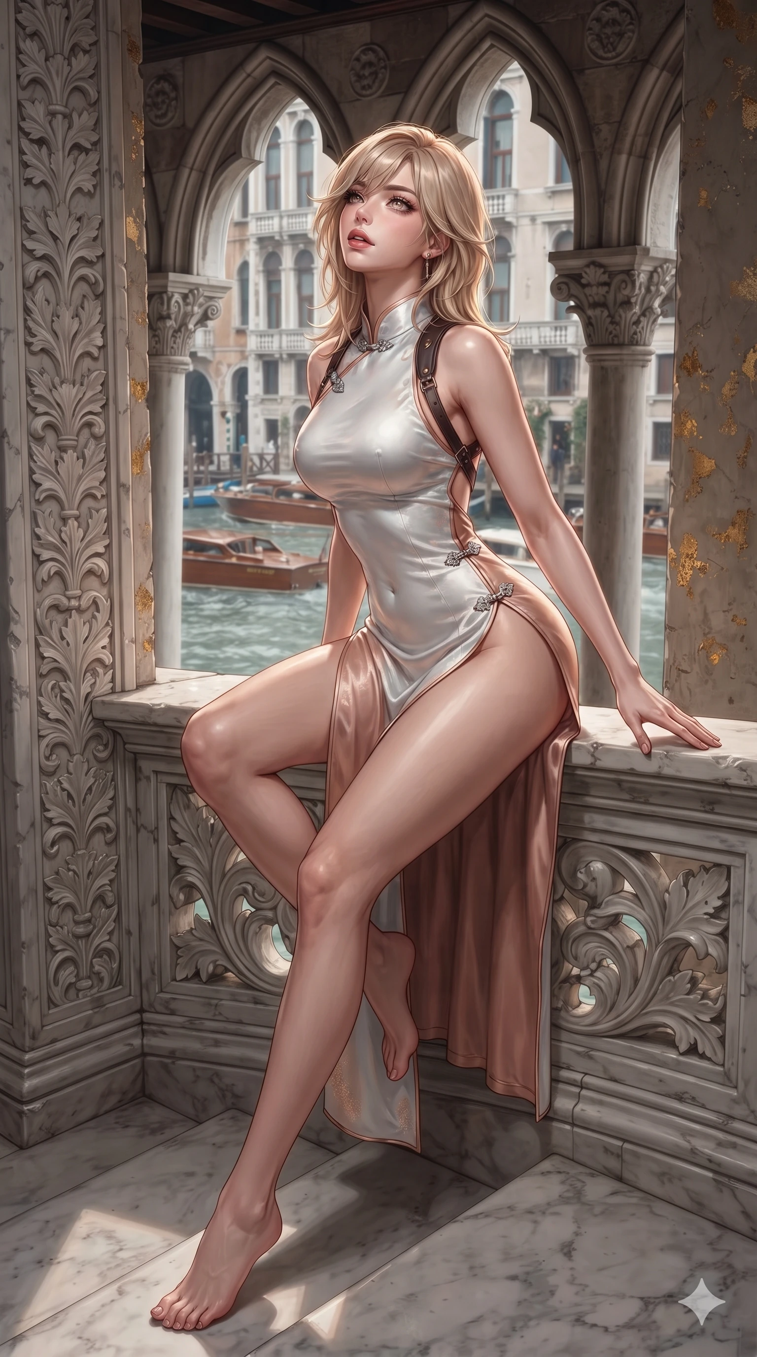 score_9, masterpiece, best quality, ultra-detailed, high-budget anime keyframe, editorial fashion photography, tasteful artistic composition, Japanese woman. low angle full-body shot from head to toe showing her feet, filling the entire 9:16 vertical frame with her statuesque presence, stretching her vertical silhouette. sitting poised on the Carrara marble steps with one knee bent, arching her spine with supermodel elegance as she glances upward through thick eyelashes while leaning over the carved Istrian stone window sill with hips cocked back, looking through open gothic arches at passing mahogany water taxis with seductive eyes. The surrounding environment is rendered in vivid detail and crisp panoramic clarity: sharp carved gothic leaf scrollwork, weathered gold-foil flecks on stone, and crisp water ripple textures in deep focus. She has an exceptionally tall and slender model-like 8.5-heads proportion, an ultra-slim waist, a flat toned midriff, narrow delicate ribcage, and beautifully sculpted feminine hips creating a graceful, slim hourglass silhouette without any bulky heaviness, with impossibly long slender legs. sharp v-shaped jawline, high-bridge nose, intricate jewel-like sparkling eyes with depth, thick eyelashes, glossy parted lips with a natural sheen, intensely captivating and seductive bedroom-eyes expression, exuding both youthful cute charm and sovereign luxury allure, flawlessly proportioned anatomical accuracy, strict slender model proportions, natural body alignment, perfectly sculpted long slender limbs, ultra-slim waistline, clean dynamic posture without body distortion. wearing an alluring high-slit wrap cheongsam secured by miniature jeweled clasps and revealing the curve of her hip in celestial porcelain white and rose-gold, made of fluid liquid jersey with seamless sculpting hold and smooth contours, featuring an open-back criss-cross harness strap in dark leather, the bespoke structured tailoring following the natural line of her 8.5-heads silhouette with refined elegance. illuminated by terracotta floor bounce and sharp champagne-gold rim lights defining her razor-sharp jawline, narrow waist, and curvy hips. ultra-reflective glossy finish, specular highlights, rich textural contrasts, high-contrast stereoscopic depth, volumetric dynamic lighting, 2k, ultra detail, master piece, 9:16 ratio