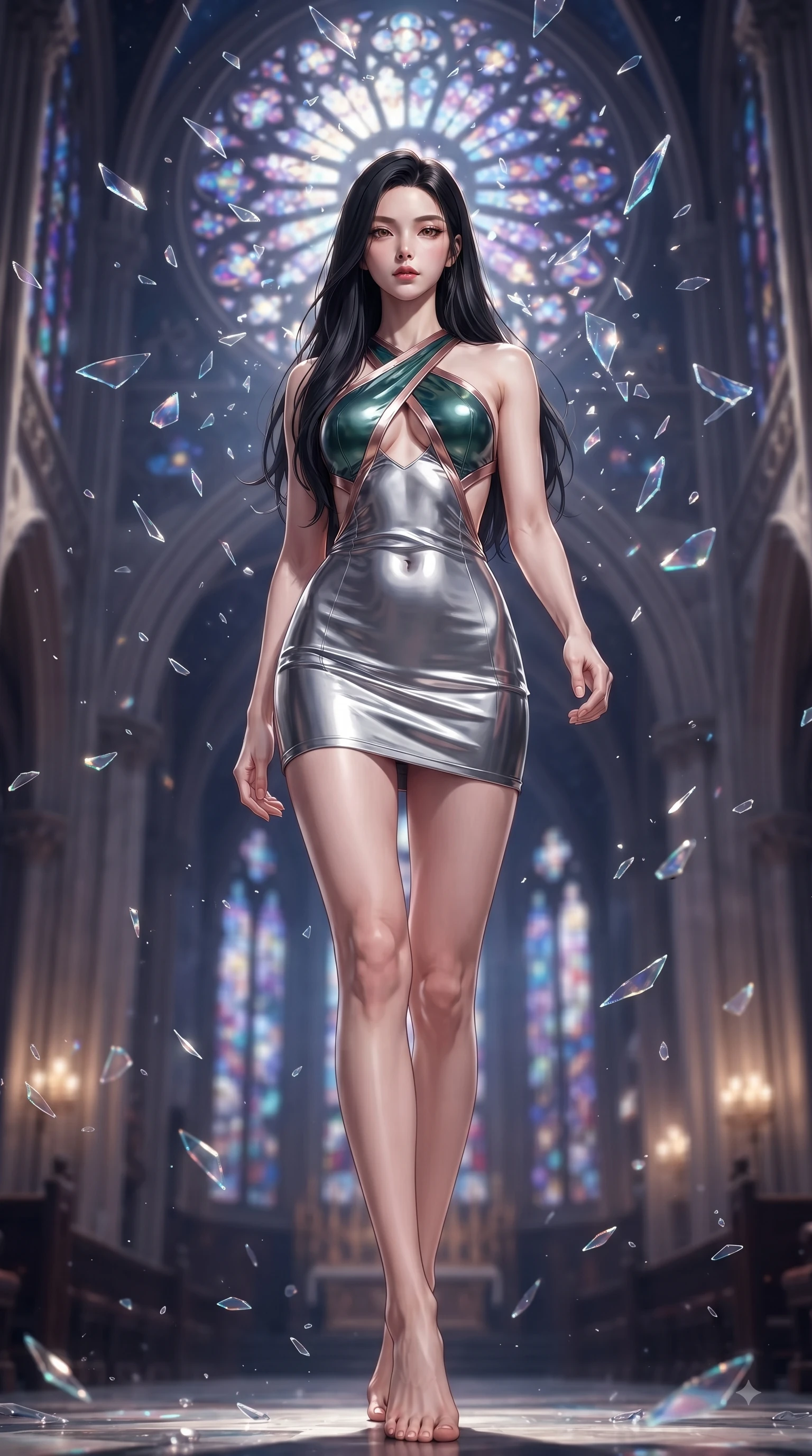 score_9, masterpiece, best quality, ultra-detailed, high-budget anime keyframe, editorial fashion photography, tasteful artistic composition, Korean woman. low angle full-body shot from head to toe showing her feet, filling the entire 9:16 vertical frame with her statuesque presence, stretching her vertical silhouette. striding forward in a proud, statuesque motion with a dangerous smolder, her vertical silhouette dominating the frame from head to toe while floating weightlessly beneath a shattered gothic rose window as holographic glass fragments suspend in mid-air. The composition keeps background elements in soft focus with creamy bokeh. glowing stained-glass fragments and towering cathedral arches blurred into dazzling prismatic bokeh. She has an absolutely perfect, statuesque 8.5-heads proportion, an exceptionally tall and slender model-like female figure with impossibly long slender legs and an ultra-slim waist. sharp v-shaped jawline, high-bridge nose, intricate jewel-like eyes with depth, thick eyelashes, glossy lips with a natural sheen, flawlessly proportioned anatomical accuracy, natural body alignment, perfectly sculpted elegant limbs, clean dynamic posture without body distortion. wearing a molten silver liquid-metal mini dress featuring deep side-waist cutouts and a daring crossover halter neckline in emerald green and metallic rose gold trim, formed from high-gloss patent material with specular light reflections, complemented by criss-cross back straps highlighting her completely bare spine, the glove-like fit tightly following every curve of her statuesque athletic build. surrounded by an awe-inspiring, ethereal, and breathtakingly dramatic cathedral atmosphere. ultra-reflective glossy finish, specular highlights, metallic sheen, high-contrast stereoscopic depth, volumetric dynamic lighting, 2k, ultra detail, master piece, 9:16 ratio