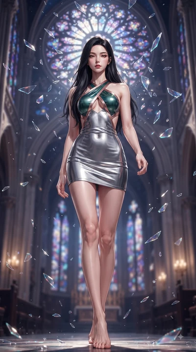 score_9, masterpiece, best quality, ultra-detailed, high-budget anime keyframe, editorial fashion photography, tasteful artistic composition, Korean woman. low angle full-body shot from head to toe showing her feet, filling the entire 9:16 vertical f
