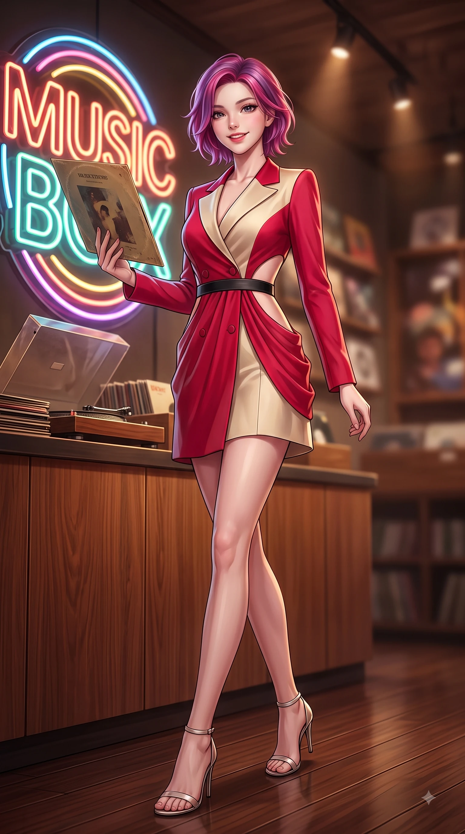 score_9, masterpiece, best quality, ultra-detailed, high-budget anime keyframe, editorial fashion photography, tasteful artistic composition, Caucasian woman. low angle full-body shot from head to toe showing her feet, filling the entire 9:16 vertical frame with her statuesque presence, stretching her vertical silhouette. stepping forward gracefully in mid-motion with a delighted cute expression, displaying her statuesque model proportions while pivoting dynamically near a neon music sign while holding a vintage record sleeve. The composition keeps background elements in soft focus with dreamy bokeh. turntables and neon music signs softened by gentle warm depth of field. She has an absolutely perfect, statuesque 8.5-heads proportion, an exceptionally tall and slender model-like female figure with impossibly long slender legs and an ultra-slim waist. sharp v-shaped jawline, high-bridge nose, intricate jewel-like eyes with depth, thick eyelashes, glossy lips with a natural sheen, flawlessly proportioned anatomical accuracy, natural body alignment, perfectly sculpted elegant limbs, clean dynamic posture without body distortion. wearing a tailored double-breasted blazer dress with a sleek waist belt and clean lines in vivid crimson red and champagne cream, crafted from lightweight fluid chiffon, complemented by clean architectural cutouts along her slender torso, the elegant draped fit framing her graceful clavicle and slender torso. illuminated by cozy directional spotlights and rich mahogany reflections. highly saturated vibrant anime colors, detailed shading with soft gradients, rich glossy textures, high-contrast stereoscopic depth, volumetric dynamic lighting, master piece, 9:16 ratio