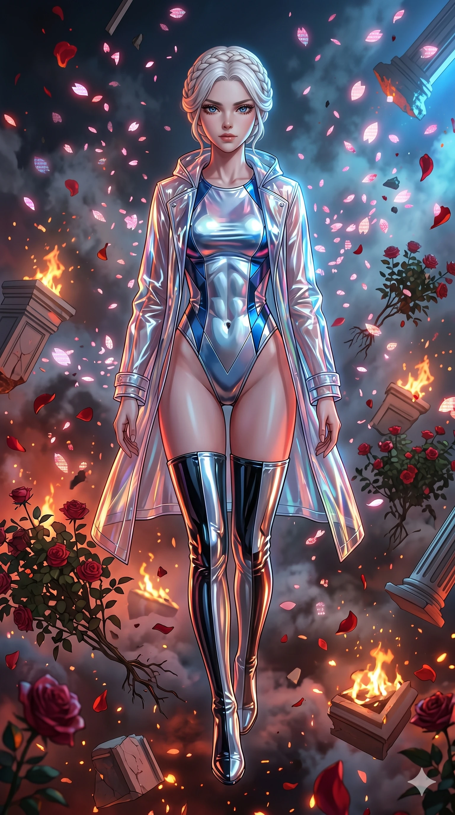 score_9, masterpiece, best quality, ultra-detailed, Set A: High-budget Anime Keyframe, Korean woman. Low angle cowboy shot filling the entire 9:16 frame with her statuesque presence. Floating through a burning rose garden, as gravity fails and everything around her floats in state 36 and surrounded by digital sakura petals. She has an well-proportioned figure, an tall and elegant figure with elegant legs and an graceful posture. Sharp v-shaped jawline, high-bridge nose, intricate jewel-like eyes with depth, thick eyelashes, glossy lips with a natural sheen. Wearing Glossy material raincoat over a metallic swimwear and thigh-high patent boots. Cinematic lighting, vibrant colors, dramatic shadows, 2k, ultra detail, master piece, 9:16 ratio