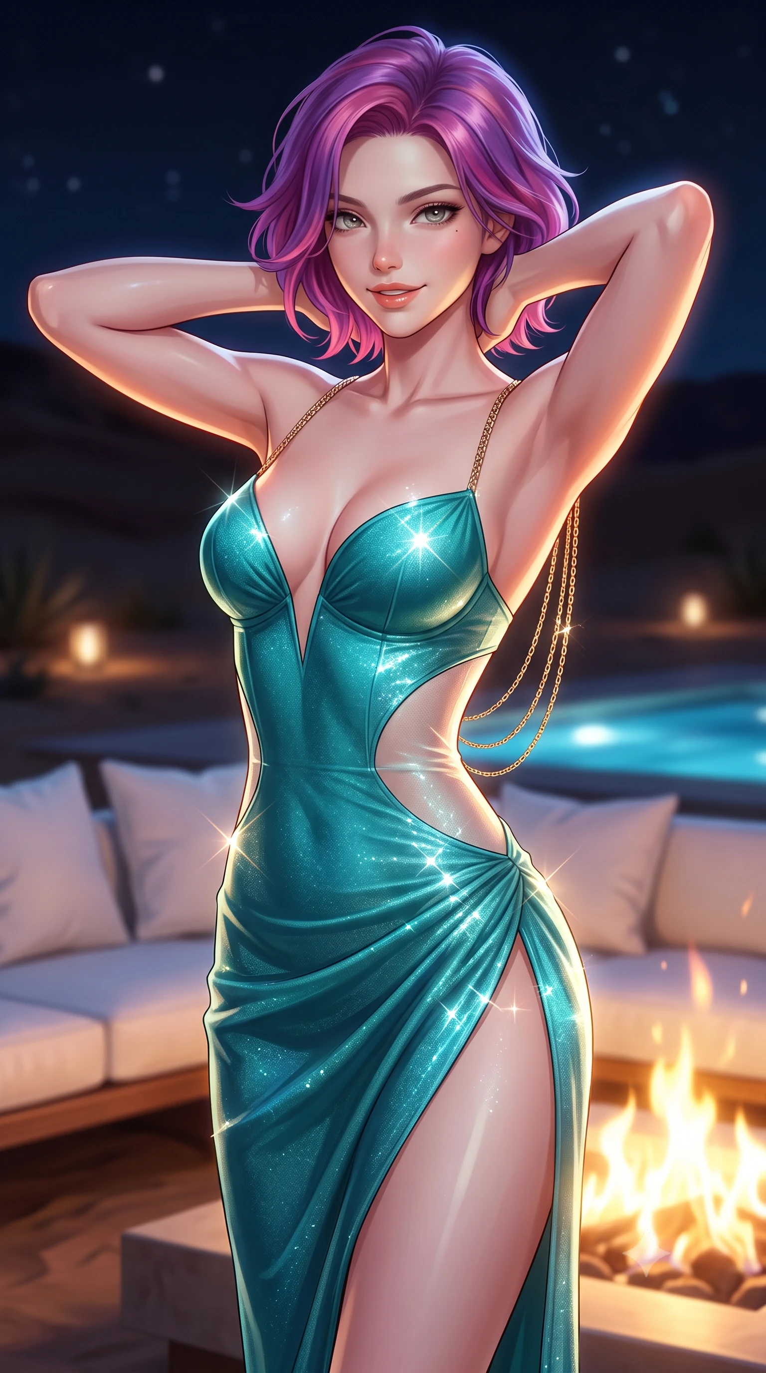 score_9, masterpiece, best quality, ultra-detailed, high-budget anime keyframe, semi-realistic 3D game render, editorial fashion photography, tasteful artistic composition, Caucasian woman. close-up cowboy shot from the waist and thighs up, the character dominates the composition, filling the frame with her large presence. resting both hands lightly behind her neck with elbows raised, arching her spine to highlight her narrow waist, flat midriff, and breathtaking collarbones while twisting her slender torso in an alluring contrapposto stance, glowing firelight and pool caustics wrapping around her narrow waist and hips. The background shows a soft-focus white outdoor linen cushions softened in ultra-exclusive desert retreat shallow focus. She has an exceptionally elegant, slender, and willowy female figure with an ultra-slim waist, flat toned midriff, narrow ribcage, and sculpted feminine hips creating an alluring, slim hourglass silhouette without bulk. sharp v-shaped jawline, high-bridge nose, intricate jewel-like sparkling eyes with depth, thick eyelashes, glossy parted lips with a natural peach sheen, bright cheerful beaming smile with an enchanting and coquettish sensual glint, exuding both youthful cute charm and seductive allure, flawlessly proportioned anatomical accuracy, strict slender model proportions, natural body alignment, perfectly sculpted long slender limbs, ultra-slim waistline, clean dynamic posture without body distortion. wearing an alluring plunging sweetheart bustier dress with sheer mesh side-waist cutouts contouring her ribs in Verdon canyon emerald turquoise and dewy alabaster, woven from stretch metallic lurex jersey casting radiant starlight glints across her curves, accented with an open-back drape framed by falling strands of delicate gold chains, the high-slit wrap tailoring accentuating her ultra-slim waistline and the enchanting curve of her feminine hips with alluring seductive charm. bathed in the warm radiant 2100K hearth glow of dancing gas flames contrasted with cool desert starlight and pool LEDs. highly saturated vibrant anime colors, detailed shading with soft gradients, rich glossy textures, high-contrast stereoscopic depth, volumetric dynamic lighting, master piece, 9:16 ratio