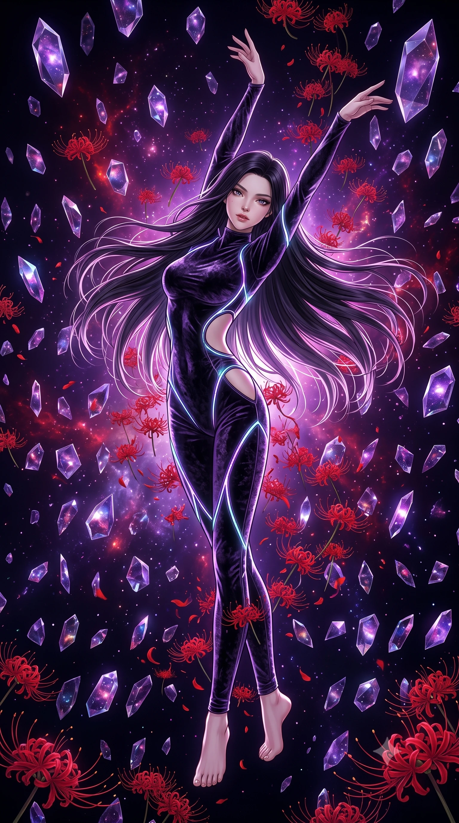 score_9, masterpiece, best quality, ultra-detailed, High-budget Anime Keyframe, East Asian woman. Dynamic full-body shot stretching the vertical silhouette to the limit. Scenario 262: dancing amidst falling red spider lilies inside a dark void filled with floating crystal shards reflecting purple nebulae. Her presence is magnetic and overpowering in this high-budget anime scene. Outfit 262: a slim-fit crushed dark velvet second with a strategic side cut-outs and glowing LED seams. The clothing is designed to emphasize her exceptionally tall and slender 8-heads proportion. 8-heads proportion, towering silhouette, ultra-slim waist. sharp v-shaped jawline, intricate jewel-like eyes with depth, thick eyelashes, glossy lips. 2k, ultra detail, master piece, 9:16 ratio