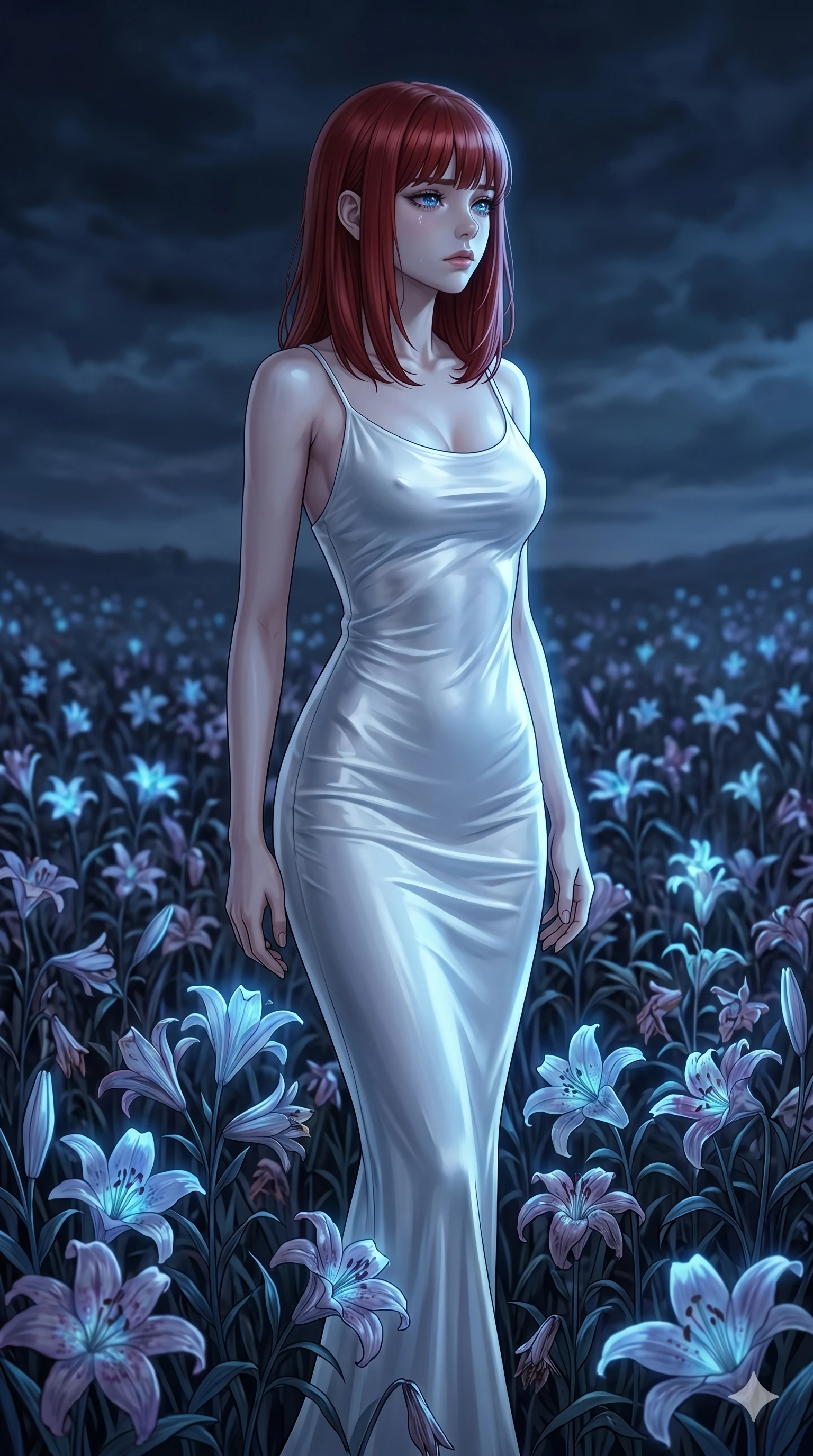 score_9, masterpiece, best quality, ultra-detailed, high-budget anime keyframe, editorial fashion photography, tasteful artistic composition, Caucasian woman, strictly human ears. cowboy shot from the thighs up, character and outfit filling the frame for maximum editorial presence. gazing past the camera with tear-rimmed jewel-like eyes, her expression filled with quiet, profound sorrow standing in a field of withered bioluminescent lilies under a cloudy night sky (Scenario Code S-57). She has an absolutely perfect 8-heads proportion, an exceptionally tall and slender female figure with impossibly long slender legs and an ultra-slim waist. V-shaped jawline, high-bridge nose, intricate jewel-like eyes with depth, thick eyelashes, glossy lips with a natural sheen. wearing a wet-look white silk slip dress that clings to her form, showing her elegant shoulder lines. illuminated by the pale blue light of a distant monitor, casting a cool glow on her face. 2k, ultra detail, master piece, 9:16 ratio