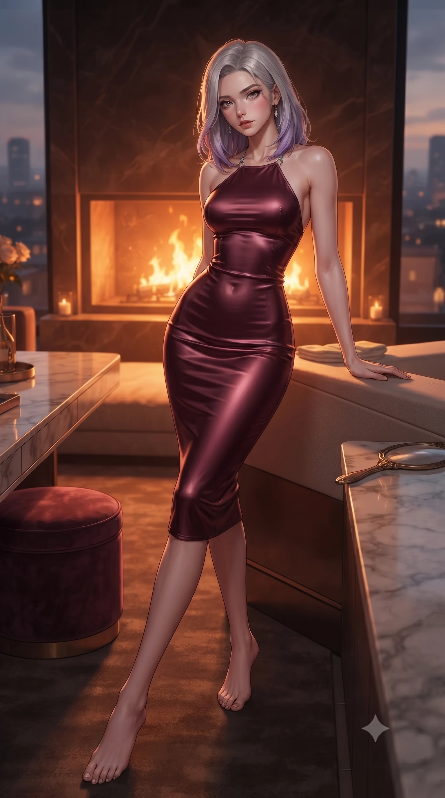 score_9, masterpiece, best quality, ultra-detailed, high-budget anime keyframe, editorial fashion photography, tasteful artistic composition, Caucasian woman. low angle full-body shot from head to toe showing her feet, filling the entire 9:16 vertical frame with her statuesque presence, stretching her vertical silhouette. relaxing on a sunbed with relaxed elegance, her slender figure stretching out gracefully under the warm glow set against a soft-focus background of inside an exclusive rooftop terrace with a velvet-wrapped stool and an antique hand mirror resting on a marble counter. She has an absolutely perfect, statuesque 8.5-heads proportion, an exceptionally tall and slender model-like female figure with impossibly long slender legs and an ultra-slim waist. sharp v-shaped jawline, high-bridge nose, intricate jewel-like eyes with depth, thick eyelashes, glossy lips with a natural sheen. wearing body-hugging deep burgundy liquid satin form-contouring cashmere halter dress tracing her statuesque physique accented with delicate silver hardware. bathed in cozy, flickering fireplace light that paints the room in a warm orange wash. ultra-reflective glossy finish, specular highlights, metallic sheen, high-contrast stereoscopic depth, volumetric dynamic lighting, 2k, ultra detail, master piece, 9:16 ratio