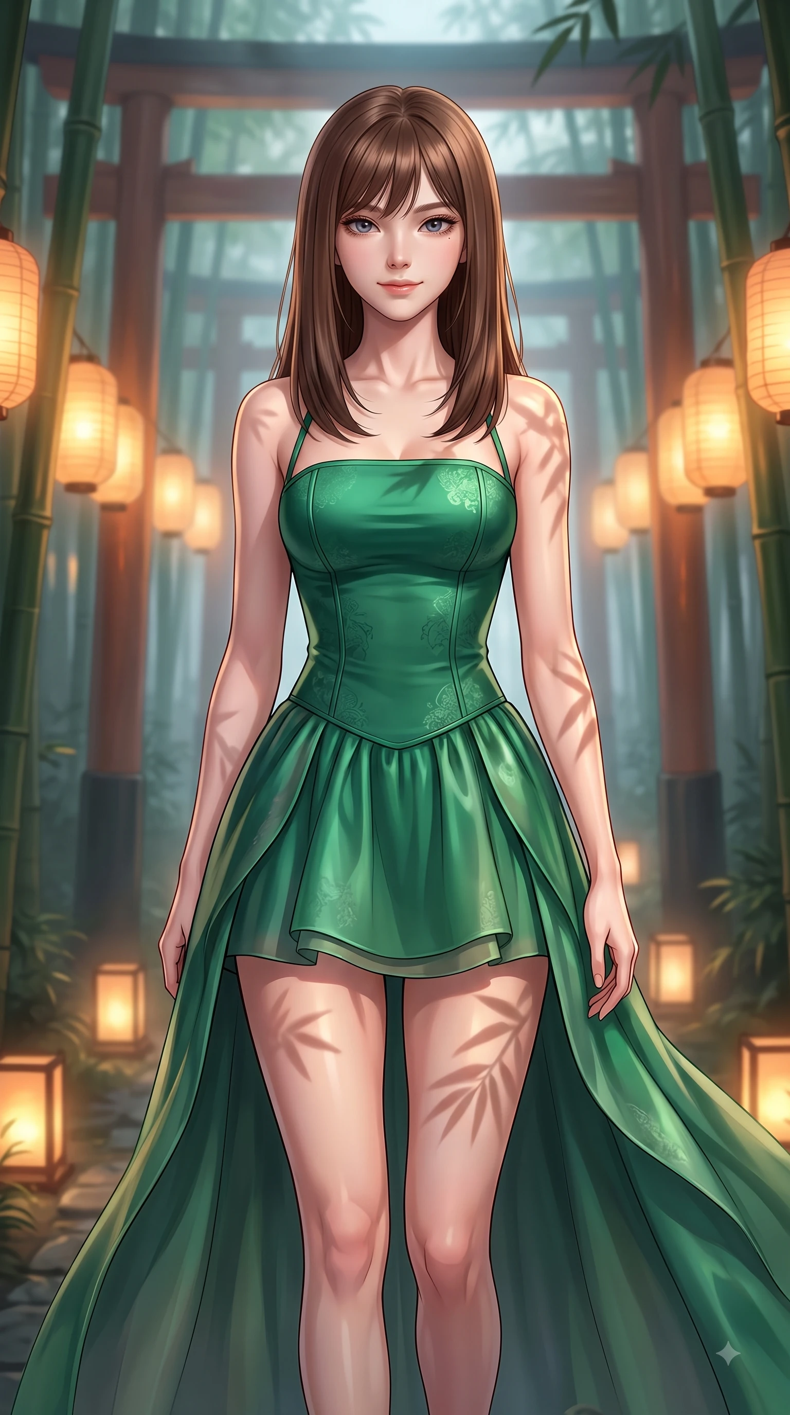 score_9, masterpiece, best quality, ultra-detailed, high-budget anime keyframe, editorial fashion photography, tasteful artistic composition, Korean woman woman. close-up cowboy shot from the waist and thighs up, the character dominates the composition, filling the frame with her large presence, background elements kept in soft focus. She has an exceptionally elegant, slender, and willowy female figure with an ultra-slim waist, a gracefully sculpted slender torso, and a refined silhouette. smiling with quiet, magnetic self-assurance directly into the camera lens, flawlessly proportioned anatomical accuracy, natural body alignment, perfectly sculpted elegant limbs, clean dynamic posture without body distortion. set against a soft-focus background of a misty bamboo torii shrine path with glowing paper lanterns. wearing a modern fusion silk hanbok dress with a structured emerald bodice and flowing layered skirt. bathed in warm amber lantern light casting soft organic bamboo leaf stencil shadows. highly saturated vibrant anime colors, detailed shading with soft gradients, rich glossy textures, high-contrast stereoscopic depth, volumetric dynamic lighting, master piece, 9:16 ratio