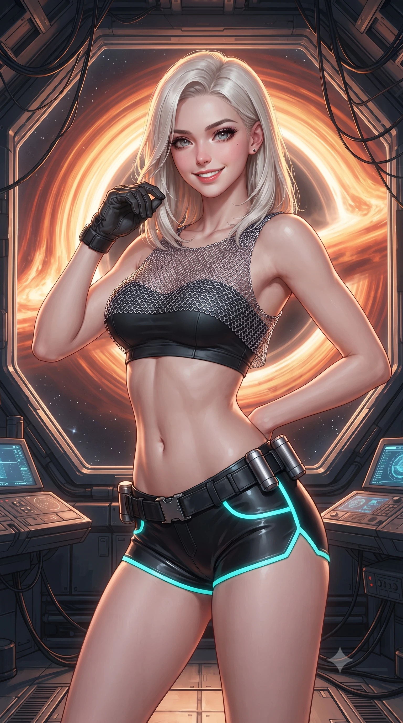 score_9, masterpiece, best quality, ultra-detailed, high-budget anime keyframe, editorial fashion photography, tasteful artistic composition, Caucasian woman. close-up cowboy shot from the waist and thighs up, the character dominates the composition, filling the frame with her large presence. adjusting her tactical glove with cool confidence, her bright smile capturing fresh girlhood charm while her arched torso reveals an intoxicating hip contour while standing poised at the edge of the reinforced observation window, arching her back as the colossal fiery accretion disk of the black hole swirls. The surrounding environment is rendered in vivid detail and crisp panoramic clarity: detailed combat suit weave, blinding accretion light reflections on armor, and deep-space observatory architecture in high clarity. She has an exceptionally elegant, slender, and willowy female figure with an ultra-slim waist, flat toned midriff, narrow ribcage, and sculpted feminine hips creating an alluring, slim hourglass silhouette without bulk. sharp v-shaped jawline, high-bridge nose, intricate jewel-like sparkling eyes with depth, thick eyelashes, glossy parted lips with a natural sheen, bright confident smile with an enchanting and coquettish sensual glint, exuding both youthful magnetic charm and sovereign high-tech allure, flawlessly proportioned anatomical accuracy, strict slender model proportions, natural body alignment, perfectly sculpted long slender limbs, ultra-slim waistline, clean dynamic posture without body distortion. wearing a delicate silver chainmail mesh crop top layered over a sculpted matte black bandeau with low-rise combat shorts in matte obsidian black and glowing neon cyan trim, made of smooth liquid latex with high-contrast stereoscopic depth and wet shine, accented with a sleek utility belt with polished magnetic canisters resting loosely on her curvy hips, the form-contouring cut accentuating her sculpted flat midriff, narrow delicate ribcage, and gracefully curvy hips with cybernetic supermodel precision. illuminated by cabin instrument fills and sharp molten-gold rim lights defining her razor-sharp jawline, narrow waist, and curvy hips. ultra-reflective glossy finish, specular highlights, rich textural contrasts, high-contrast stereoscopic depth, volumetric dynamic lighting, 2k, ultra detail, master piece, 9:16 ratio