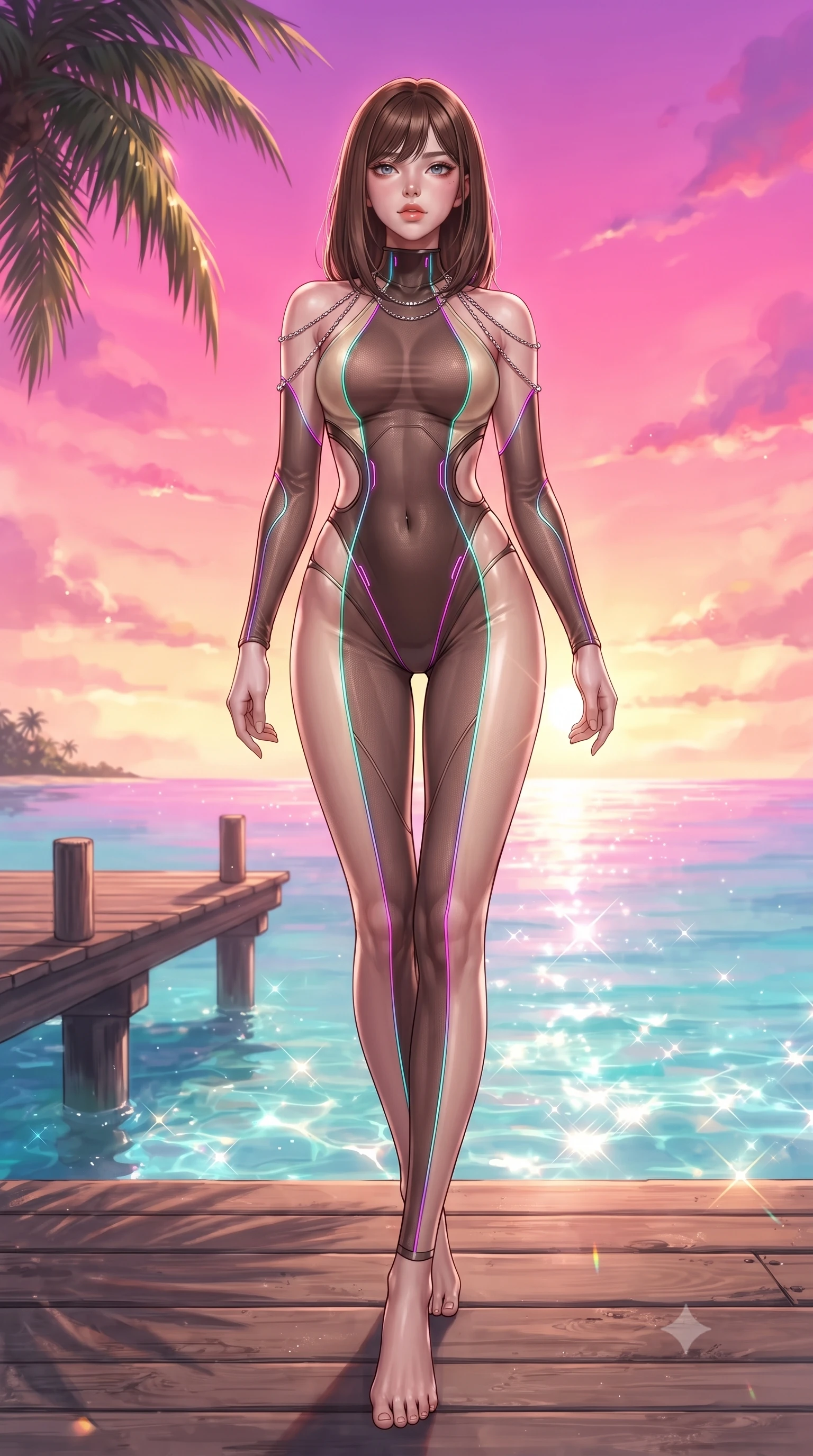 score_9, masterpiece, best quality, ultra-detailed, high-budget anime keyframe, editorial fashion photography, tasteful artistic composition, Korean woman. low angle full-body shot from head to toe showing her feet, filling the entire 9:16 vertical frame with her statuesque presence, stretching her vertical silhouette. stepping forward with proud posture, filling the vertical frame with her magnetic presence poised on a palm-shaded wooden pier leading into crystal-clear tropical water, dazzling tropical sunlight creating glittering water refractions. She has an absolutely perfect, statuesque 8.5-heads proportion, an exceptionally tall and slender model-like female figure with impossibly long slender legs and an ultra-slim waist. sharp v-shaped jawline, high-bridge nose, intricate jewel-like eyes with depth, thick eyelashes, glossy lips with a natural sheen. wearing a skin-tight cybernetic bodysuit with glowing neon seams and side cutouts in espresso brown and warm cream, woven from fine semi-opaque sheer organza, adorned with delicate metallic chain straps along the neckline, the form-contouring material highlighting her ultra-slim waist and long lines. illuminated by a brilliant sunset sky painting the clouds in magenta and orange. highly saturated vibrant anime colors, detailed shading with soft gradients, rich glossy textures, high-contrast stereoscopic depth, volumetric dynamic lighting, master piece, 9:16 ratio