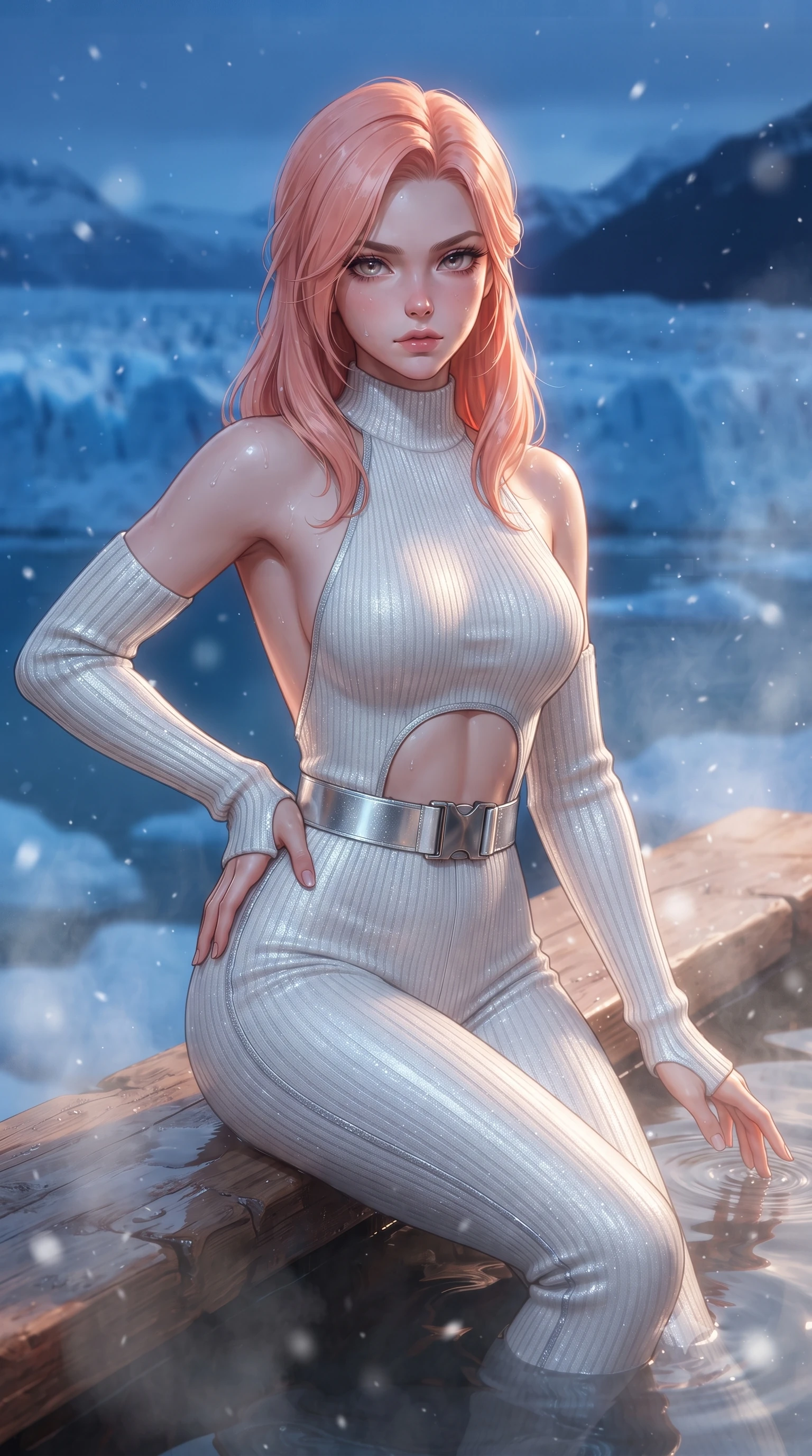 score_9, masterpiece, best quality, ultra-detailed, high-budget anime keyframe, editorial fashion photography, tasteful artistic composition, Japanese woman. close-up cowboy shot from the waist and thighs up, the character dominates the composition, filling the frame with her large presence. tilting her chin up with proud, sovereign allure while gazing through thick eyelashes with an irresistible, dangerous bedroom-gaze while sitting on the cedar edge of a steaming outdoor onsen overlooking blue midnight glaciers, one hand resting on her bare hip. The composition keeps background elements in soft focus with creamy bokeh. thermal water droplet ripples and drifting snow particles scattering soft luminous light motes. She has an exceptionally elegant, slender, and willowy female figure with an ultra-slim waist, a gracefully sculpted slender torso, toned flat midriff, and a refined slim silhouette. sharp v-shaped jawline, high-bridge nose, intricate jewel-like eyes with depth, thick eyelashes, glossy parted lips with a natural sheen, intensely captivating and seductive expression, flawlessly proportioned anatomical accuracy, strict slender model proportions, natural body alignment, perfectly sculpted long slender limbs, ultra-slim waistline, clean dynamic posture without body distortion. wearing a snug ribbed knit halter-neck catsuit with an open back and matching detachable arm warmers in pure glacier white and shimmering silver, made of seamless compression knit with anatomical curves sculpting, accented with a wide metallic ski belt cinching her ultra-slim waistline, the precision-cut daring openings accentuating her delicate midriff, graceful bare collarbones, and ultra-slim feminine waistline. surrounded by an intimate, tranquil, and deeply sensual mountain onsen muse aura. ultra-reflective glossy finish, specular highlights, rich textural contrasts, high-contrast stereoscopic depth, volumetric dynamic lighting, 2k, ultra detail, master piece, 9:16 ratio