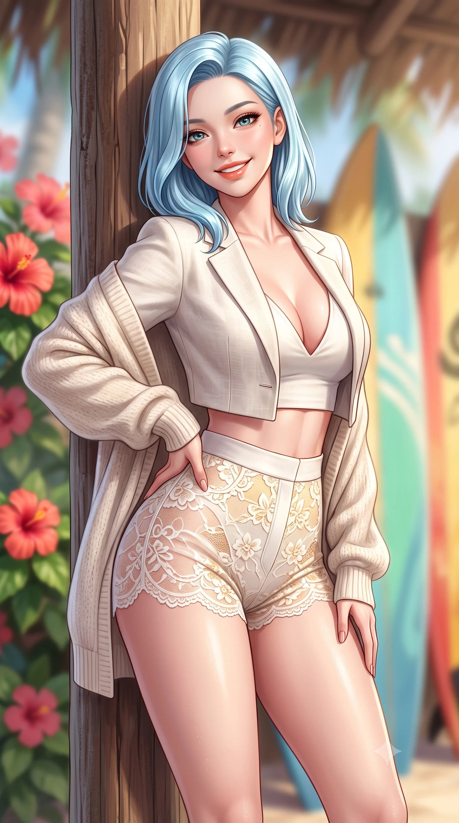 score_9, masterpiece, best quality, ultra-detailed, high-budget anime keyframe, semi-realistic 3D game render, editorial fashion photography, tasteful artistic composition, Korean woman. close-up cowboy shot from the waist and thighs up, the character dominates the composition, filling the frame with her large presence. tilting her head with a cute beaming smile while arching her spine with effortless dancer poise, one hand sliding along her hip line in a flirtatious S-curve while leaning against a rustic surf shack post with hips cocked back, looking over her shoulder with playful, athletic bedroom-eyes. The composition keeps background elements in soft focus with dreamy creamy bokeh. hibiscus flower bushes and colorful surfboards softened in vibrant Hawaiian shallow focus. She has an exceptionally elegant, slender, and willowy female figure with an ultra-slim waist, flat toned midriff, narrow ribcage, and sculpted feminine hips creating an alluring, slim hourglass silhouette without bulk. sharp v-shaped jawline, high-bridge nose, intricate jewel-like sparkling eyes with depth, thick eyelashes, glossy parted lips with a natural peach sheen, bright cheerful beaming smile with an enchanting and coquettish sensual glint, exuding both youthful cute charm and seductive allure, flawlessly proportioned anatomical accuracy, strict slender model proportions, natural body alignment, perfectly sculpted long slender limbs, ultra-slim waistline, clean dynamic posture without body distortion. wearing a chic cropped linen blazer worn with a plunging-V camisole and high-waisted tailored hot-pants showcasing her long slender legs in pure alabaster white and sun-kissed gold, made of sheer contouring stretch lace with delicate floral patterns, complemented by an oversized soft knit cardigan slipping off one bare shoulder, the liquid-tight tailored fabric clinging flawlessly to her narrow waist and rounded feminine hips, emphasizing every millimeter of her sculpted slim hourglass curves without any bulky heaviness. illuminated by warm sand specular reflections sharply carving her razor-sharp jawline, narrow waist, and curvy hips. highly saturated vibrant anime colors, detailed shading with soft gradients, rich glossy textures, high-contrast stereoscopic depth, volumetric dynamic lighting, master piece, 9:16 ratio