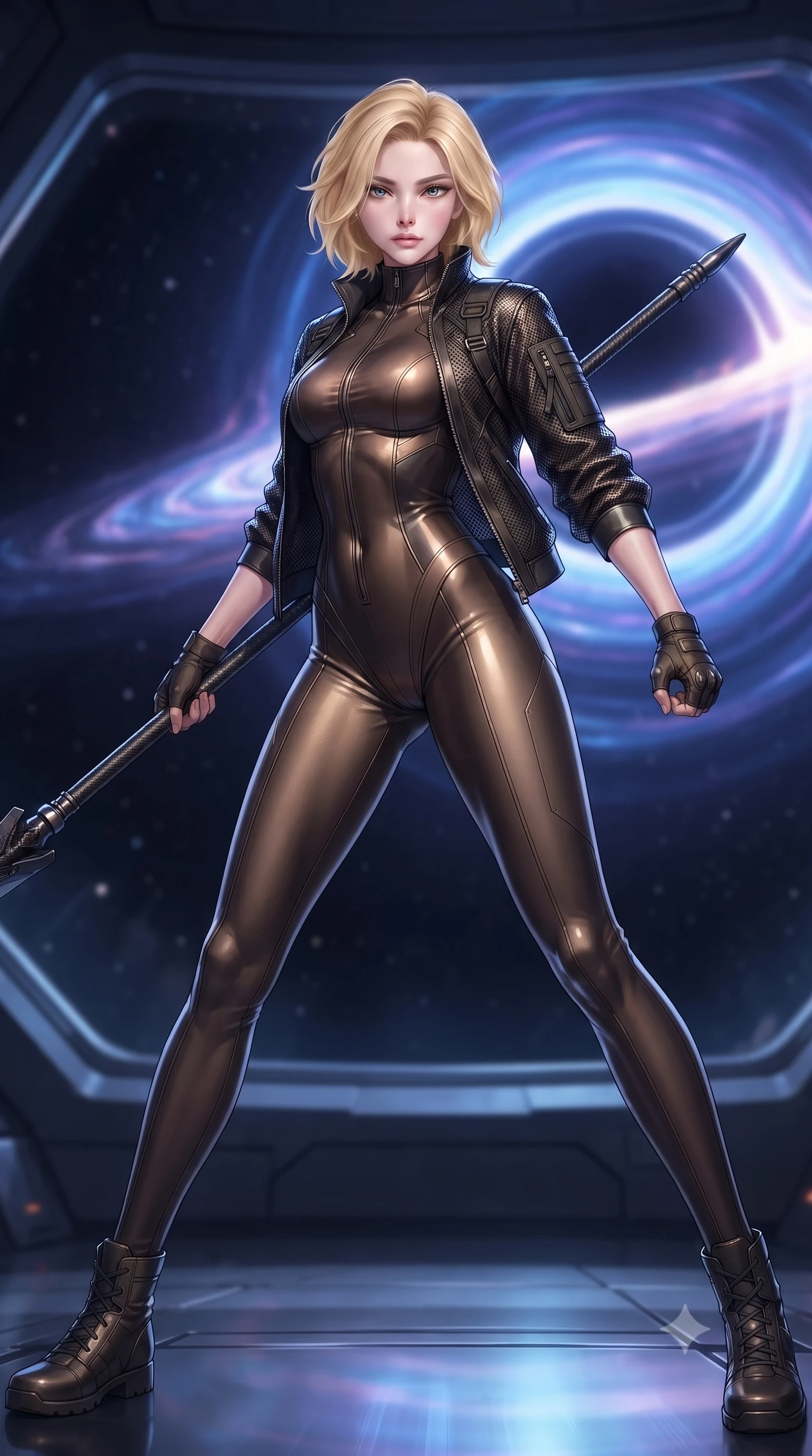 score_9, masterpiece, best quality, ultra-detailed, high-budget anime keyframe, editorial fashion photography, tasteful artistic composition, Caucasian woman. low angle full-body shot from head to toe showing her feet, filling the entire 9:16 vertical frame with her statuesque presence, stretching her vertical silhouette. standing in a dynamic combat stance with a carbon-fiber spear held diagonally, stretching her statuesque body, the background shows a soft-focus a citadel cockpit window view facing a black hole singularity in deep space. She has an absolutely perfect, statuesque 8.5-heads proportion, an exceptionally tall and slender model-like female figure with impossibly long slender legs and an ultra-slim waist. sharp v-shaped jawline, high-bridge nose, intricate jewel-like eyes with depth, thick eyelashes, glossy lips with a natural sheen. wearing a tailored form-fitting high-neck bodysuit in dark bronze, worn under a tailored open carbon-mesh tactical jacket. intense blue and violet light ripples from the singularity casting reflections. ultra-reflective glossy finish, specular highlights, metallic sheen, high-contrast stereoscopic depth, volumetric dynamic lighting, 2k, ultra detail, master piece, 9:16 ratio