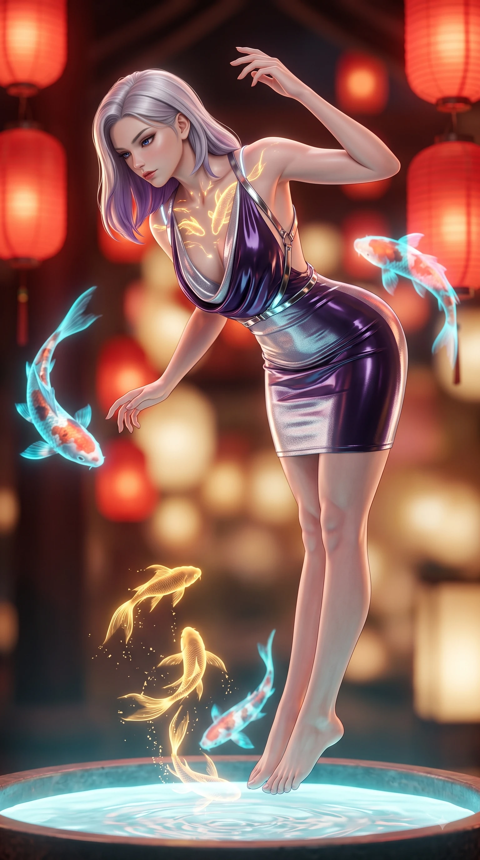 score_9, masterpiece, best quality, ultra-detailed, high-budget anime keyframe, semi-realistic 3D game render, editorial fashion photography, tasteful artistic composition, Caucasian woman. low angle full-body shot from head to toe showing her feet, filling the entire 9:16 vertical frame with her statuesque presence, stretching her vertical silhouette. arching her back in a fluid zero-gravity turn with sovereign grace, her long slender legs and sculpted torso creating a sweeping line while leaning over a glowing water basin as golden digital fish ripple light across her clavicle and chest. The composition keeps background elements in soft focus with creamy bokeh. glowing red paper lanterns and swimming holographic koi blurred into warm oriental bokeh. She has an absolutely perfect, statuesque 8.5-heads proportion, an exceptionally tall and slender model-like female figure with impossibly long slender legs and an ultra-slim waist. sharp v-shaped jawline, high-bridge nose, intricate jewel-like eyes with depth, thick eyelashes, glossy lips with a natural sheen, flawlessly proportioned anatomical accuracy, natural body alignment, perfectly sculpted elegant limbs, clean dynamic posture without body distortion. wearing a precision-fitted liquid jersey bodycon dress with a dramatic draped cowl back that swoops down to her waist in dark amethyst purple and shimmering starlight silver, formed from high-gloss patent material with specular light reflections, reinforced by a sleek metallic chrome harness and delicate glowing micro-straps, the liquid-tight fabric adhering flawlessly to her sculpted torso and slender silhouette. bathed in warm crimson lantern glow and cool cyan holographic koi refractions. highly saturated vibrant anime colors, detailed shading with soft gradients, rich glossy textures, high-contrast stereoscopic depth, volumetric dynamic lighting, master piece, 9:16 ratio