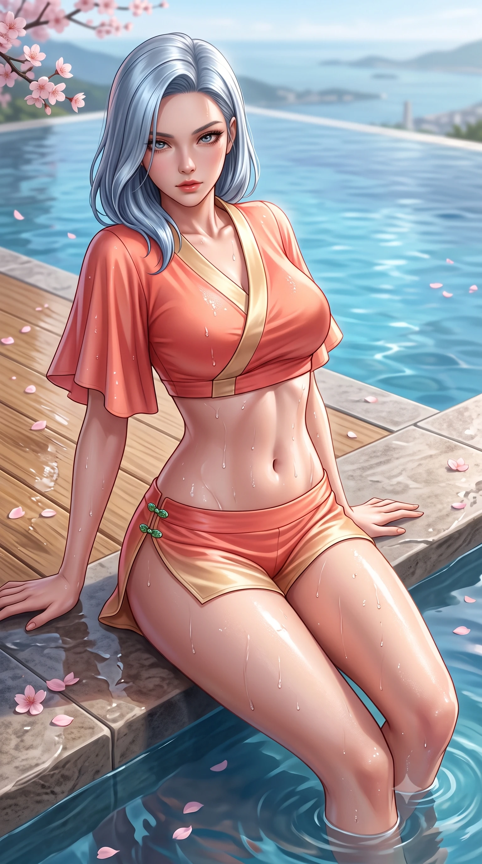 score_9, masterpiece, best quality, ultra-detailed, high-budget anime keyframe, semi-realistic 3D game render, editorial fashion photography, tasteful artistic composition, Korean woman. close-up cowboy shot from the waist and thighs up, the character dominates the composition, filling the frame with her large presence. leaning back with relaxed seductive grace, her sculpted collarbones and narrow waist highlighted as she casts smoldering bedroom-eyes directly into the camera while sitting on the stone infinity pool edge with legs dipped in water, turning her upper body in an alluring S-curve toward the camera. The surrounding environment is rendered in vivid detail and crisp panoramic clarity. sharp wet hinoki wood grain, distinct water droplet tracks on skin, and delicate cherry blossom petals in deep focus. She has an exceptionally elegant, slender, and willowy female figure with an ultra-slim waist, a gracefully sculpted slender torso, toned flat midriff, and rounded feminine hips creating an alluring hourglass silhouette. sharp v-shaped jawline, high-bridge nose, intricate jewel-like eyes with depth, thick eyelashes, glossy parted lips with a natural sheen, intensely captivating and seductive bedroom-eyes expression, flawlessly proportioned anatomical accuracy, strict slender model proportions, natural body alignment, perfectly sculpted long slender limbs, ultra-slim waistline, clean dynamic posture without body distortion. wearing a modern shortened cyber-yukata crop top with wide fluttering sleeves and low-slung silk swim shorts in sunrise coral and champagne gold, made of liquid bamboo jersey adhering seamlessly to her slender frame, finished with an ultra-high side slit secured by miniature jade clasps, the second-skin form-contouring cut accentuating her sculpted flat midriff, narrow waistline, and dramatically curvy hips without adding bulk. illuminated by wet specular reflections accentuating her sculpted collarbones, narrow waist, and curvy hips. highly saturated vibrant anime colors, detailed shading with soft gradients, rich glossy textures, high-contrast stereoscopic depth, volumetric dynamic lighting, master piece, 9:16 ratio
