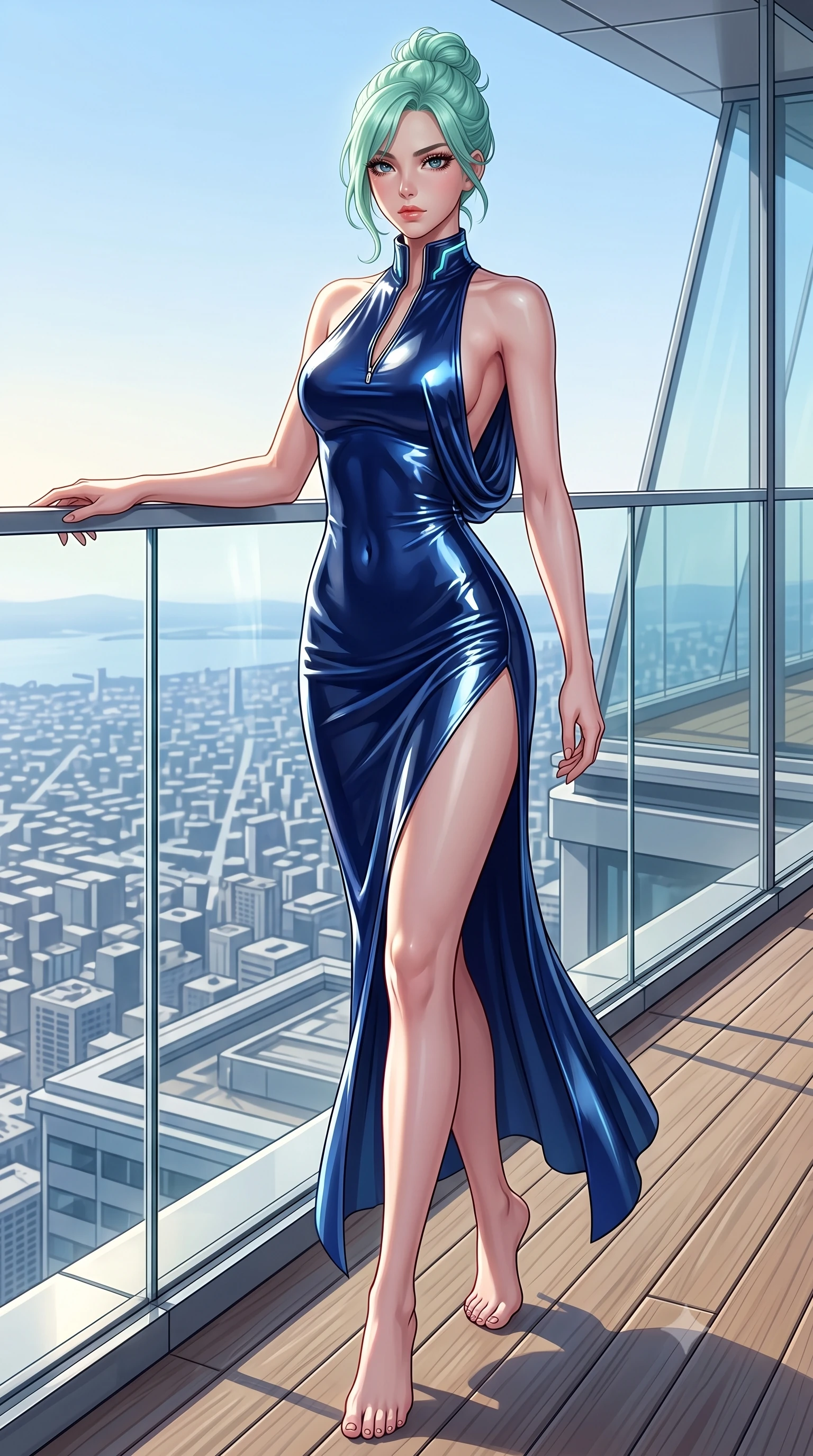 score_9, masterpiece, best quality, ultra-detailed, high-budget anime keyframe, semi-realistic 3D game render, editorial fashion photography, tasteful artistic composition, Japanese woman. low angle full-body shot from head to toe showing her feet, filling the entire 9:16 vertical frame with her statuesque presence, stretching her vertical silhouette. striding forward in a proud, statuesque motion with a dangerous smolder, her vertical silhouette dominating the frame from head to toe while leaning gracefully against a sunlit glass parapet with a magnetic smolder as high-altitude breezes flutter her dress. The surrounding environment is rendered in vivid detail and crisp panoramic clarity. sharp glass deck railings, wooden deck textures, and distant city grid patterns in high clarity. She has an absolutely perfect, statuesque 8.5-heads proportion, an exceptionally tall and slender model-like female figure with impossibly long slender legs, a toned flat midriff, and an ultra-slim waist. sharp v-shaped jawline, high-bridge nose, intricate jewel-like eyes with depth, thick eyelashes, glossy lips with a natural sheen, flawlessly proportioned anatomical accuracy, strict slender model proportions, natural body alignment, perfectly sculpted long slender limbs, ultra-slim waistline, clean dynamic posture without body distortion. wearing a precision-fitted liquid jersey bodycon dress with a dramatic draped cowl back that swoops down to her waist and a high side slit in deep royal navy blue and specular chrome, formed from high-gloss patent material with specular light reflections, featuring a dangerously unzipped neckline framed by glowing cybernetic accents, the form-contouring material adhering flawlessly to her sculpted flat midriff and slender torso, emphasizing her long leg lines and perfectly proportioned willowy build. illuminated by crisp specular highlights tracing her sculpted collarbones and waistline. highly saturated vibrant anime colors, detailed shading with soft gradients, rich glossy textures, high-contrast stereoscopic depth, volumetric dynamic lighting, master piece, 9:16 ratio