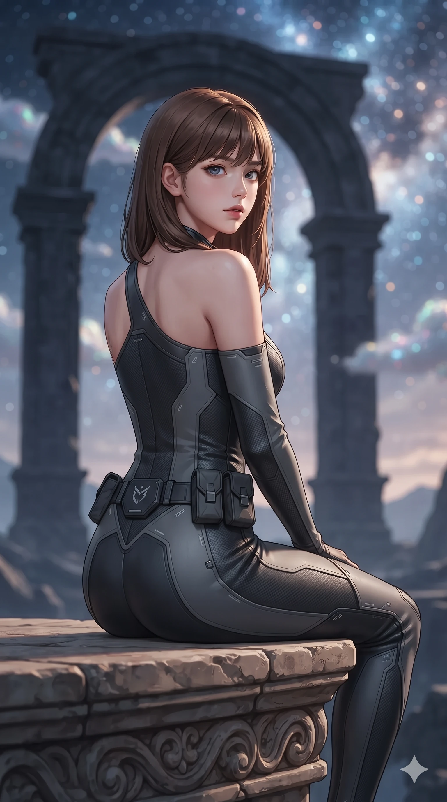 score_9, masterpiece, best quality, ultra-detailed, high-budget anime keyframe, editorial fashion photography, tasteful artistic composition, Korean woman. close-up cowboy shot from the waist and thighs up, the character dominates the composition, filling the frame with her large presence. posing in an alluring rear three-quarter angle, looking over a bare shoulder with heavy-lidded sparkling eyes, her hips cocked back to highlight her slim hourglass curve while sitting gracefully on the carved stone promontory ledge with legs crossed, flashing an enchanting smile with parted glossy lips as desert breeze rustles her ribbons. The background shows a soft-focus monumental black stone alien arch, floating stardust clouds, and distant nebulae peeking through the atmosphere blurred into diamond, indigo, and amber bokeh. She has an exceptionally elegant, slender, and willowy female figure with an ultra-slim waist, flat toned midriff, narrow ribcage, and sculpted feminine hips creating an alluring, slim hourglass silhouette without bulk. sharp v-shaped jawline, high-bridge nose, intricate jewel-like sparkling eyes with depth, thick eyelashes, glossy parted lips with a natural sheen, bright confident smile with an enchanting and coquettish sensual glint, exuding both youthful magnetic charm and sovereign high-tech allure, flawlessly proportioned anatomical accuracy, strict slender model proportions, natural body alignment, perfectly sculpted long slender limbs, ultra-slim waistline, clean dynamic posture without body distortion. wearing an asymmetric one-shoulder combat catsuit with carbon-weave paneling and an open-waist architecture emphasizing her hips in reflective liquid mercury and matte phantom grey, formed from supple thermal silicone composite adhering seamlessly like a second skin, accented with a sleek utility belt with polished magnetic canisters resting loosely on her curvy hips, the form-fitting tactical tailoring adhering flawlessly to her sculpted flat midriff and slender torso, emphasizing her long leg lines and perfectly proportioned willowy build. illuminated by glass dune reflection bounce and sharp diamond-silver rim lights defining her razor-sharp jawline, narrow waist, and curvy hips. ultra-reflective glossy finish, specular highlights, rich textural contrasts, high-contrast stereoscopic depth, volumetric dynamic lighting, 2k, ultra detail, master piece, 9:16 ratio