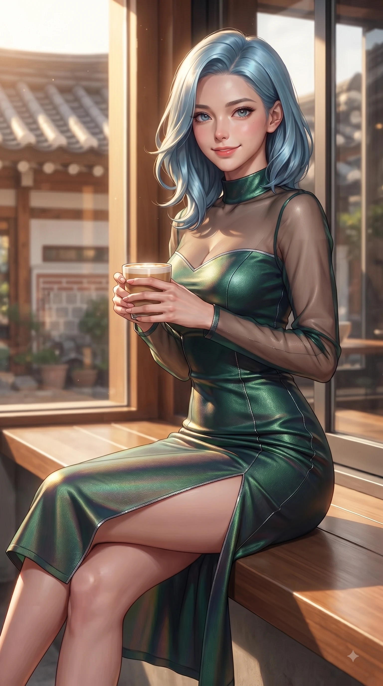 score_9, masterpiece, best quality, ultra-detailed, high-budget anime keyframe, editorial fashion photography, tasteful artistic composition, Korean woman. close-up cowboy shot from the waist and thighs up, the character dominates the composition, filling the frame with her large presence, background elements kept in soft focus. Gazing directly into the camera with a fresh, infectious smile as her torso curves dynamically in mid-stride while sitting by a sunlit wooden window inside a cozy Samcheong-dong cafe, holding a warm latte cup, traditional Hanok clay roof tiles and modern glass windows framing the background. She has an exceptionally elegant, slender, and willowy female figure with an ultra-slim waist, a gracefully sculpted slender torso, and a refined silhouette. sharp v-shaped jawline, high-bridge nose, intricate jewel-like eyes with depth, thick eyelashes, glossy lips with a natural sheen, flawlessly proportioned anatomical accuracy, natural body alignment, perfectly sculpted elegant limbs, clean dynamic posture without body distortion. wearing a sleek bodycon knit dress with strategic sheer organza sleeve panels in deep emerald green and silver accent, crafted from iridescent chiffon that shifts colors in the light, finished with a sleek side slit ascending to mid-thigh, the glove-like fit emphasizing her statuesque silhouette during motion. bathed in warm golden sunlight streaming through clean glass cafe windows. ultra-reflective glossy finish, specular highlights, metallic sheen, high-contrast stereoscopic depth, volumetric dynamic lighting, 2k, ultra detail, master piece, 9:16 ratio