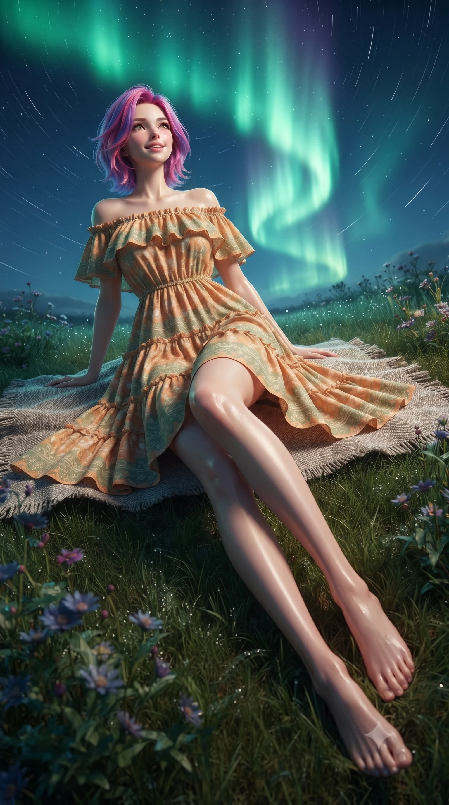 score_9, masterpiece, best quality, ultra-detailed, high-budget anime keyframe, editorial fashion photography, tasteful artistic composition, Caucasian woman. low angle full-body shot from head to toe showing her feet, filling the entire 9:16 vertical frame with her statuesque presence, stretching her vertical silhouette. pivoting dynamically with a fresh infectious smile, her ultra-slim waist and long slender legs creating a fluid graceful line while lying on the soft grass looking up at dancing emerald aurora borealis waves with a dreamy, affectionate smile. The surrounding environment is rendered in vivid detail and crisp panoramic clarity. sharp star trails, textured wool blanket weave, and delicate wild nighttime flowers in deep focus. She has an absolutely perfect, statuesque 8.5-heads proportion, an exceptionally tall and slender model-like female figure with impossibly long slender legs, a toned flat midriff, and an ultra-slim waist. sharp v-shaped jawline, high-bridge nose, intricate jewel-like eyes with depth, thick eyelashes, glossy lips with a natural sheen, pure and lovely fresh girlhood expression, flawlessly proportioned anatomical accuracy, strict slender model proportions, natural body alignment, perfectly sculpted long slender limbs, ultra-slim waistline, clean dynamic posture without body distortion. wearing a graceful off-shoulder cotton sundress with a ruffled neckline and tiered A-line skirt in warm apricot and sage green, knitted from ultra-soft cozy baby-cashmere yarn, featuring elegant flutter sleeves and a graceful open collar, the tailored casual silhouette highlighting her fresh and youthful presence and perfectly proportioned slender frame. surrounded by a magical, romantic, and breathtakingly wondrous starlit maiden aura. ultra-reflective glossy finish, specular highlights, rich natural textures, high-contrast stereoscopic depth, volumetric dynamic lighting, 2k, ultra detail, master piece, 9:16 ratio