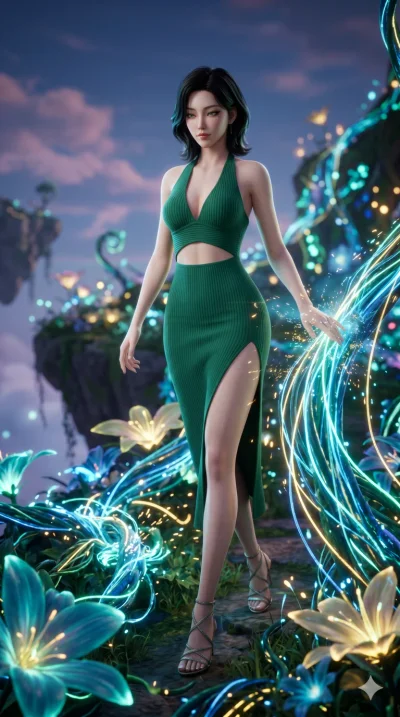 score_9, masterpiece, best quality, ultra-detailed, Semi-realistic 3D Game Render, high-fidelity character model, intricate textures, dynamic particle effects, Unreal Engine 5 aesthetic, crisp 3D depth, Korean woman with idol-like refined features. D