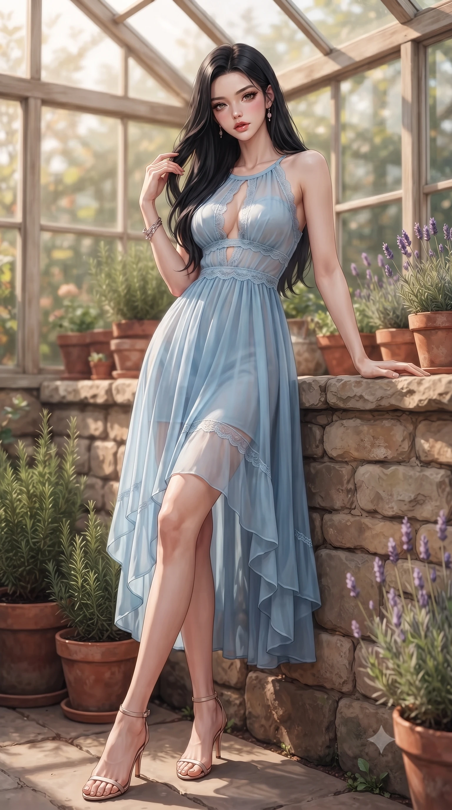 score_9, masterpiece, best quality, ultra-detailed, high-budget anime keyframe, editorial fashion photography, tasteful artistic composition, Korean woman woman. low angle full-body shot from head to toe showing her feet, filling the entire 9:16 vertical frame with her statuesque presence, stretching her vertical silhouette. leaning back against a rustic stone wall, casting a slow, alluring gaze at the camera the background shows a soft-focus a cozy garden greenhouse, surrounded by terracotta pots, rosemary, and lavender. She has an absolutely perfect, statuesque 8.5-heads proportion, an exceptionally tall and slender model-like female figure with impossibly long slender legs and an ultra-slim waist. sharp v-shaped jawline, high-bridge nose, intricate jewel-like eyes with depth, thick eyelashes, glossy lips with a natural sheen. wearing a tailored sheer chiffon midi dress in baby blue, featuring a plunging keyhole cutout and lace trim. warm, diffused daylight creating a quiet and productive mood. ultra-reflective glossy finish, specular highlights, metallic sheen, high-contrast stereoscopic depth, volumetric dynamic lighting, 2k, ultra detail, master piece, 9:16 ratio
