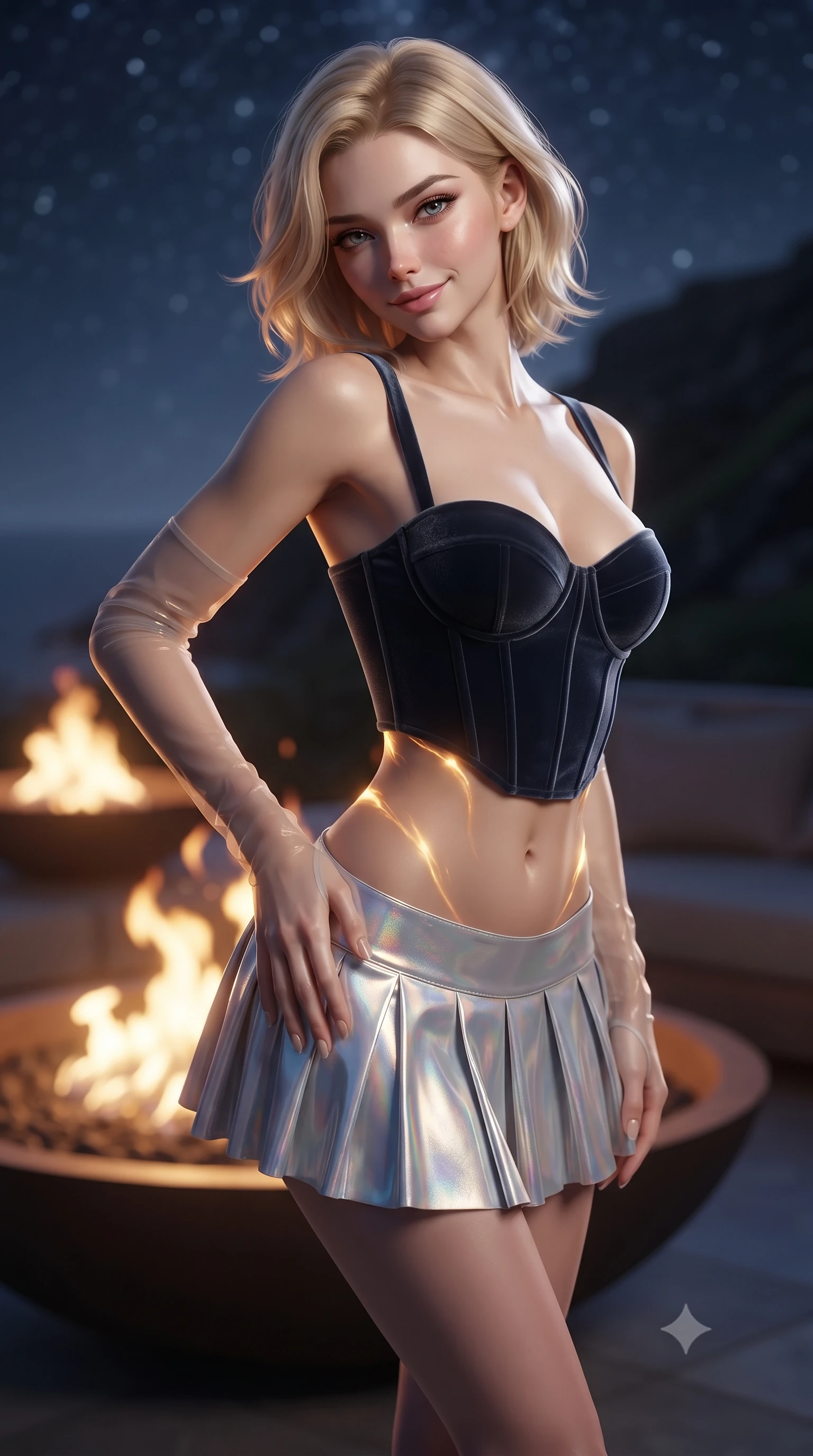 score_9, masterpiece, best quality, ultra-detailed, high-budget anime keyframe, editorial fashion photography, tasteful artistic composition, Caucasian woman. close-up cowboy shot from the waist and thighs up, the character dominates the composition, filling the frame with her large presence. tilting her head with a teasing half-smile, running one hand slowly down the side of her hip in a flirtatious S-curve as ambient light caresses her silhouette while twisting her slender torso in an alluring S-curve beside the sunken outdoor fire bowl, golden flame ribbons tracing her curves and flat midriff. The background shows a soft-focus dancing fire bowl flames softened in avant-garde Hebridean cliffside sanctuary shallow focus. She has an exceptionally elegant, slender, and willowy female figure with an ultra-slim waist, flat toned midriff, narrow ribcage, and sculpted feminine hips creating an alluring, slim hourglass silhouette without bulk. sharp v-shaped jawline, high-bridge nose, intricate jewel-like sparkling eyes with depth, thick eyelashes, glossy parted lips with a natural peach sheen, bright cheerful beaming smile with an enchanting and coquettish sensual glint, exuding both youthful cute charm and seductive allure, flawlessly proportioned anatomical accuracy, strict slender model proportions, natural body alignment, perfectly sculpted long slender limbs, ultra-slim waistline, clean dynamic posture without body distortion. wearing a structured boned velvet bustier top paired with an ultra-short low-rise pleated micro mini skirt in iridescent mother-of-pearl and liquid molten silver, crafted from stretch micro-mesh with liquid foil coating that shimmers with every movement, complemented by sheer opera-length evening gloves tracing her slender arms, the second-skin tailored fabric adhering flawlessly to her sculpted flat midriff and slender torso, emphasizing her long leg lines and perfectly proportioned willowy build. bathed in the contrast of warm 2100K outdoor fire pit flames and brilliant unpolluted Dark Sky Reserve starlight. ultra-reflective glossy finish, specular highlights, rich textural contrasts, high-contrast stereoscopic depth, volumetric dynamic lighting, 2k, ultra detail, master piece, 9:16 ratio
