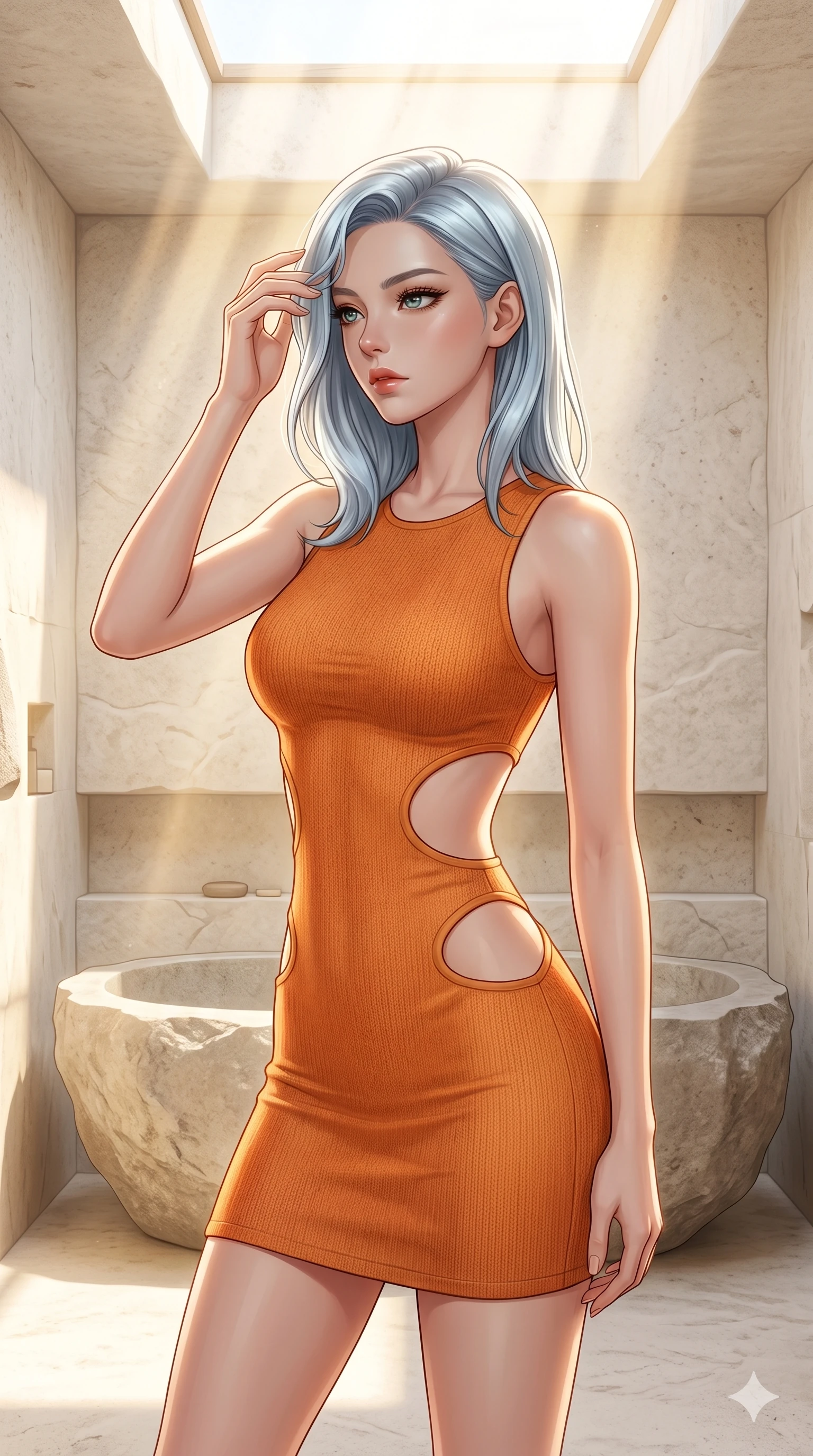 score_9, masterpiece, best quality, ultra-detailed, high-budget anime keyframe, editorial fashion photography, tasteful artistic composition, Korean woman. cowboy shot from the thighs up, character and outfit filling the frame for maximum editorial presence. wiping a lock of hair from her forehead, her expression cool and contemplative as she turns her head inside a sun-washed minimalist bathroom with a large stone tub and warm sunbeams filtering through skylight (Code-P029). She has an absolutely perfect 8-heads proportion, an exceptionally tall and slender female figure with impossibly long slender legs and an ultra-slim waist. V-shaped jawline, high-bridge nose, intricate jewel-like eyes with depth, thick eyelashes, glossy lips with a natural sheen. wearing a skin-tight orange knit dress with strategic curved cutouts at the waist and hip. bathed in soft morning sunbeams flowing into the room, creating a bright, glowing atmosphere. 2k, ultra detail, master piece, 9:16 ratio