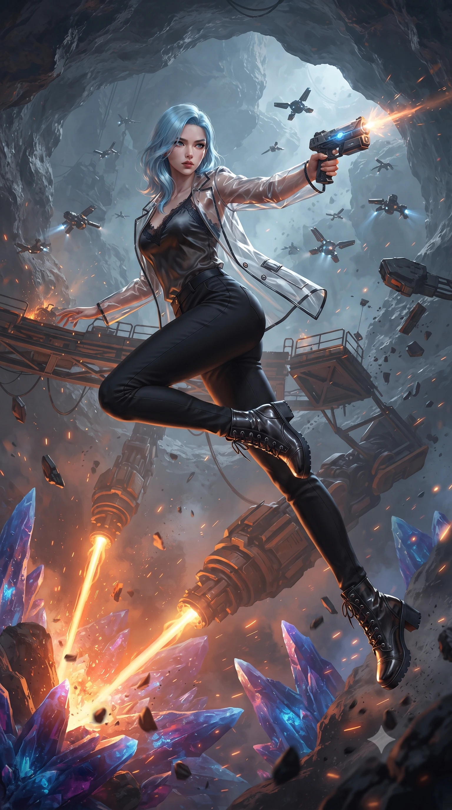 score_9, masterpiece, best quality, ultra-detailed, high-budget anime keyframe, editorial fashion photography, tasteful artistic composition, realistic cosplay photography, Korean woman. low angle full-body shot from head to toe showing her feet, filling the entire 9:16 vertical frame with her statuesque presence, stretching her vertical silhouette. leaping dynamically off a collapsing sky-bridge while firing back at security drones through a control deck inside a hollowed mining asteroid, giant laser drills cutting through crystal veins below. She has a statuesque 8.5-heads proportion, an exceptionally tall, slender and willowy model-like build with impossibly long legs and a highly sculpted ultra-slim waist. sharp v-shaped jawline, high-bridge nose, intricate jewel-like eyes with depth, thick eyelashes, glossy lips with a natural sheen. wearing tailored for maximum mobility, sleek form-contouring panels that allow fluid movement, a slim-fit black fine lace-trimmed satin camisole layered under a transparent vinyl blazer, paired with pencil pants. intense orange light from the mining lasers casting warm outlines. ultra-reflective glossy finish, specular highlights, metallic sheen, high-contrast stereoscopic depth, volumetric dynamic lighting, 2k, ultra detail, master piece, 9:16 ratio