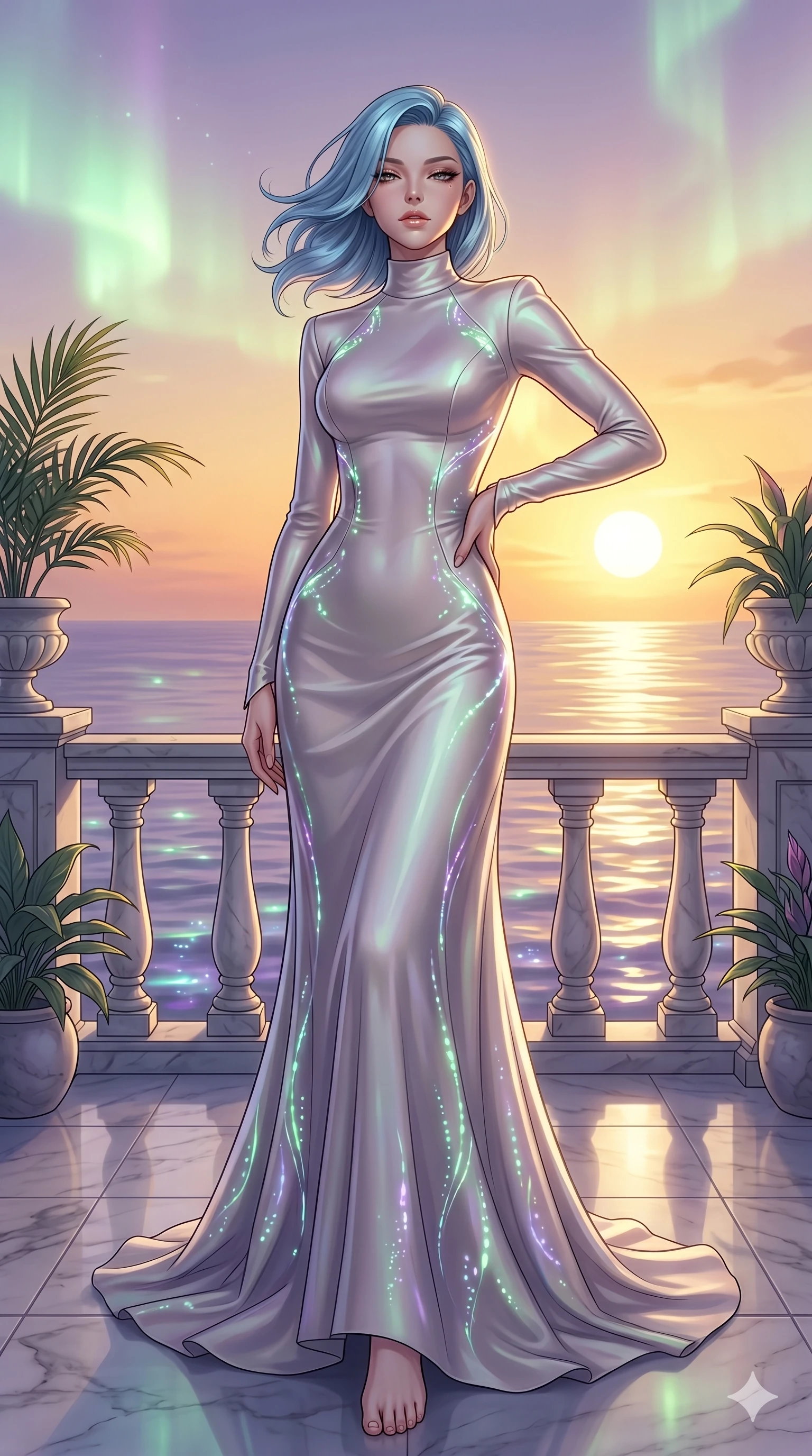 score_9, masterpiece, best quality, ultra-detailed, high-budget anime keyframe, editorial fashion photography, tasteful artistic composition, Korean woman. low angle full-body shot from head to toe showing her feet, filling the entire 9:16 vertical frame with her statuesque presence, stretching her vertical silhouette. resting her hand on her hip, arching her back slightly to capture the sun, with bedroom eyes on a marble terrace overlooking a quiet sea under a golden sunset (Code-P18-033). She has an absolutely perfect 8-heads proportion, an exceptionally tall and slender female figure with impossibly long slender legs and an ultra-slim waist. V-shaped jawline, high-bridge nose, intricate jewel-like eyes with depth, thick eyelashes, glossy lips with a natural sheen. wearing a structured high-neck heavy satin gown with elegant long sleeves. soft green and purple bioluminescent ambient light, creating a mystical, glowing atmosphere. 2k, ultra detail, master piece, 9:16 ratio