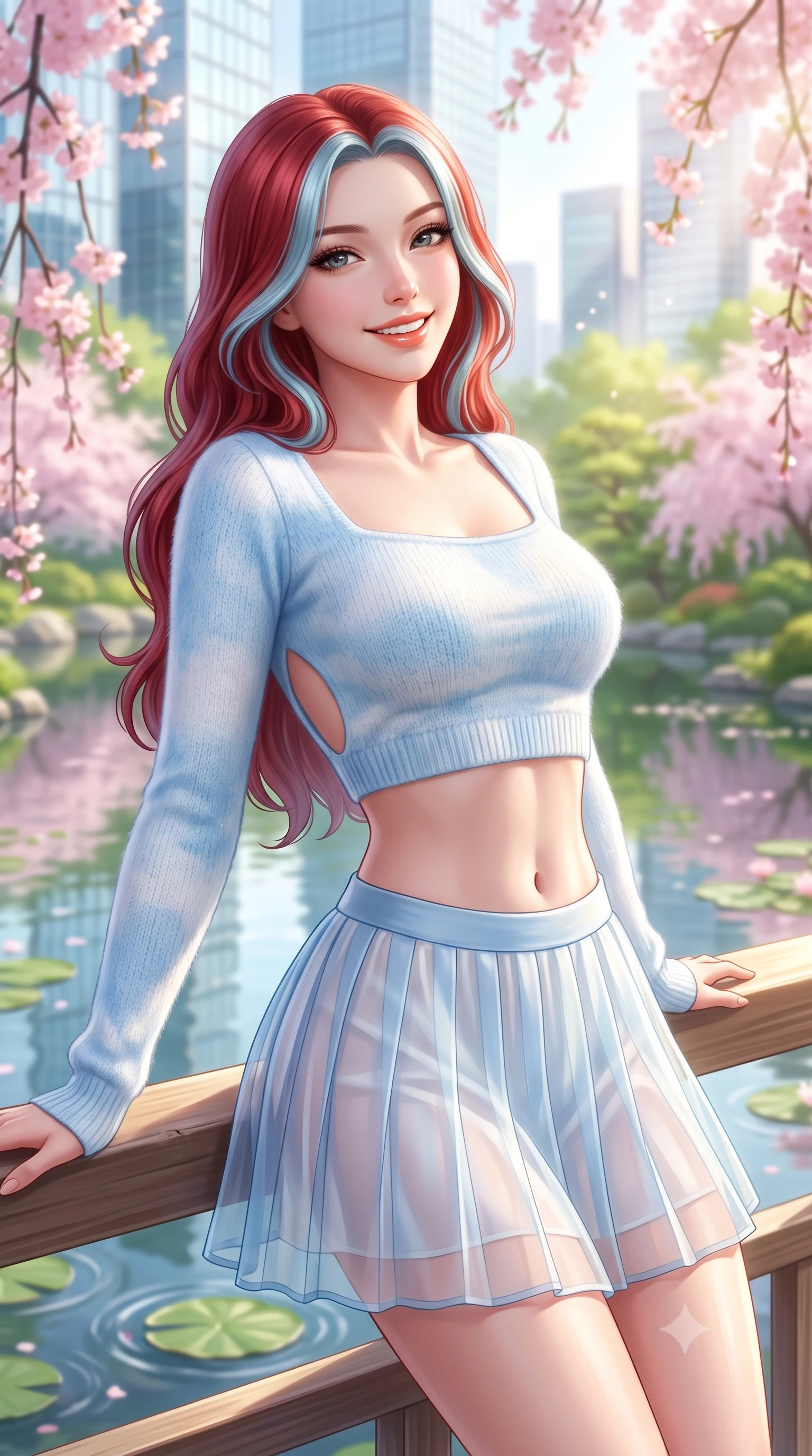 score_9, masterpiece, best quality, ultra-detailed, high-budget anime keyframe, semi-realistic 3D game render, editorial fashion photography, tasteful artistic composition, Caucasian woman. close-up cowboy shot from the waist and thighs up, the character dominates the composition, filling the frame with her large presence. leaning back against the sunlit railing with relaxed seductive grace, her flat midriff and narrow waist highlighted as she smiles brightly with bewitching eyes while twisting her slender torso in an alluring S-curve as modern glass skyscrapers reflect in the serene traditional pond waters below. The composition keeps background elements in soft focus with dreamy creamy bokeh. weeping cherry blossom branches, circular lotus pond ripples, and futuristic glass tower facades blurred into sakura-pink, emerald, and glass-white bokeh. She has an exceptionally elegant, slender, and willowy female figure with an ultra-slim waist, flat toned midriff, narrow ribcage, and sculpted feminine hips creating an alluring, slim hourglass silhouette without bulk. sharp v-shaped jawline, high-bridge nose, intricate jewel-like sparkling eyes with depth, thick eyelashes, glossy parted lips with a natural peach sheen, bright cheerful beaming smile with an enchanting and coquettish sensual glint, exuding both youthful cute charm and seductive allure, flawlessly proportioned anatomical accuracy, strict slender model proportions, natural body alignment, perfectly sculpted long slender limbs, ultra-slim waistline, clean dynamic posture without body distortion. wearing a soft angora crop knit sweater with a sheer pleated organza mini skirt over an opaque silk slip in soft baby blue and crisp cloud white, formed from supple second-skin stretch ribbed knit clinging to her form, featuring elegant flutter sleeves and a graceful square neckline, the precision-cut side openings and low-back scoop framing her graceful spine and the sensual sweep of her slim, toned hips. bathed in bright morning spring sunlight scattering through blooming flower canopies. highly saturated vibrant anime colors, detailed shading with soft gradients, rich glossy textures, high-contrast stereoscopic depth, volumetric dynamic lighting, master piece, 9:16 ratio