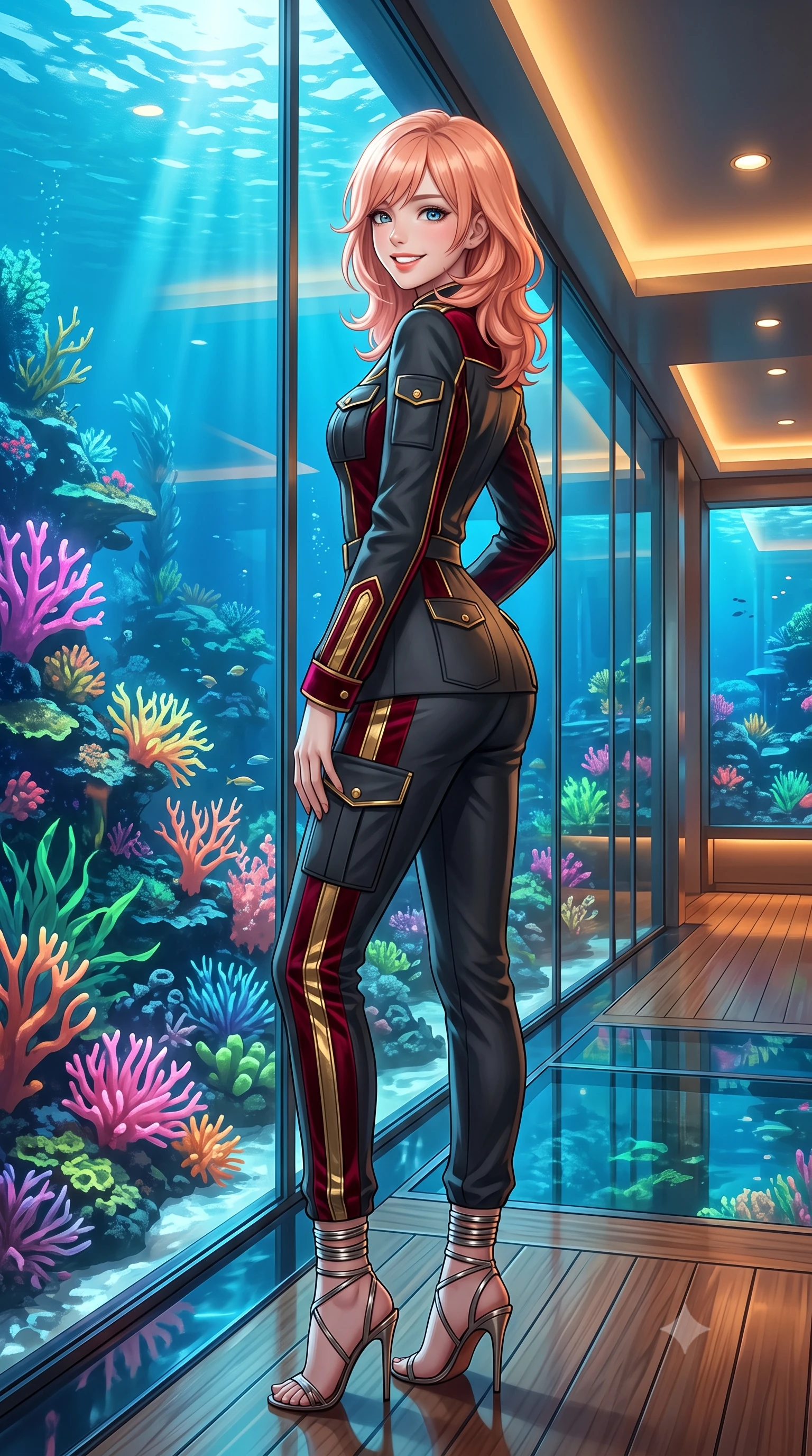 score_9, masterpiece, best quality, ultra-detailed, high-budget anime keyframe, editorial fashion photography, tasteful artistic composition, Japanese woman. low angle full-body shot from head to toe showing her feet, filling the entire 9:16 vertical frame with her statuesque presence, stretching her vertical silhouette. posing in a classic haute-couture S-curve stance beside the floor-to-ceiling window, looking over a bare shoulder with magnetic presence while standing poised on the teak and glass observatory floor surrounded by living fluorescent neon corals, arching her lower back with magnetic siren charisma. The surrounding environment is rendered in vivid detail and crisp panoramic clarity: detailed outfit textures, second-skin fit, and world-class underwater pavilion design in high resolution. She has an exceptionally tall and slender model-like 8.5-heads proportion, an ultra-slim waist, a flat toned midriff, narrow delicate ribcage, and beautifully sculpted feminine hips creating a graceful, slim hourglass silhouette without any bulky heaviness, with impossibly long slender legs. sharp v-shaped jawline, high-bridge nose, intricate jewel-like sparkling eyes with depth, thick eyelashes, glossy parted lips with a natural peach sheen, bright cheerful beaming smile with an enchanting and coquettish sensual glint, exuding both youthful cute charm and seductive allure, flawlessly proportioned anatomical accuracy, strict slender model proportions, natural body alignment, perfectly sculpted long slender limbs, ultra-slim waistline, clean dynamic posture without body distortion. wearing a tailored high-tech safari suit with storm flaps and streamlined utility pockets in matte carbon finish in Cyber-Baroque gilded gold and royal crimson velvet, tailored from high-density tech-wool with subtle metallic thread weave, complemented by strappy stiletto sandals with metallic ankle wraps accentuating her slender calves, the bespoke structured tailoring following the natural line of her 8.5-heads silhouette with refined elegance. bathed in the glowing natural fluorescence of deep corals combined with warm 2500K interior recessed cove lighting. ultra-reflective glossy finish, specular highlights, rich textural contrasts, high-contrast stereoscopic depth, volumetric dynamic lighting, 2k, ultra detail, master piece, 9:16 ratio