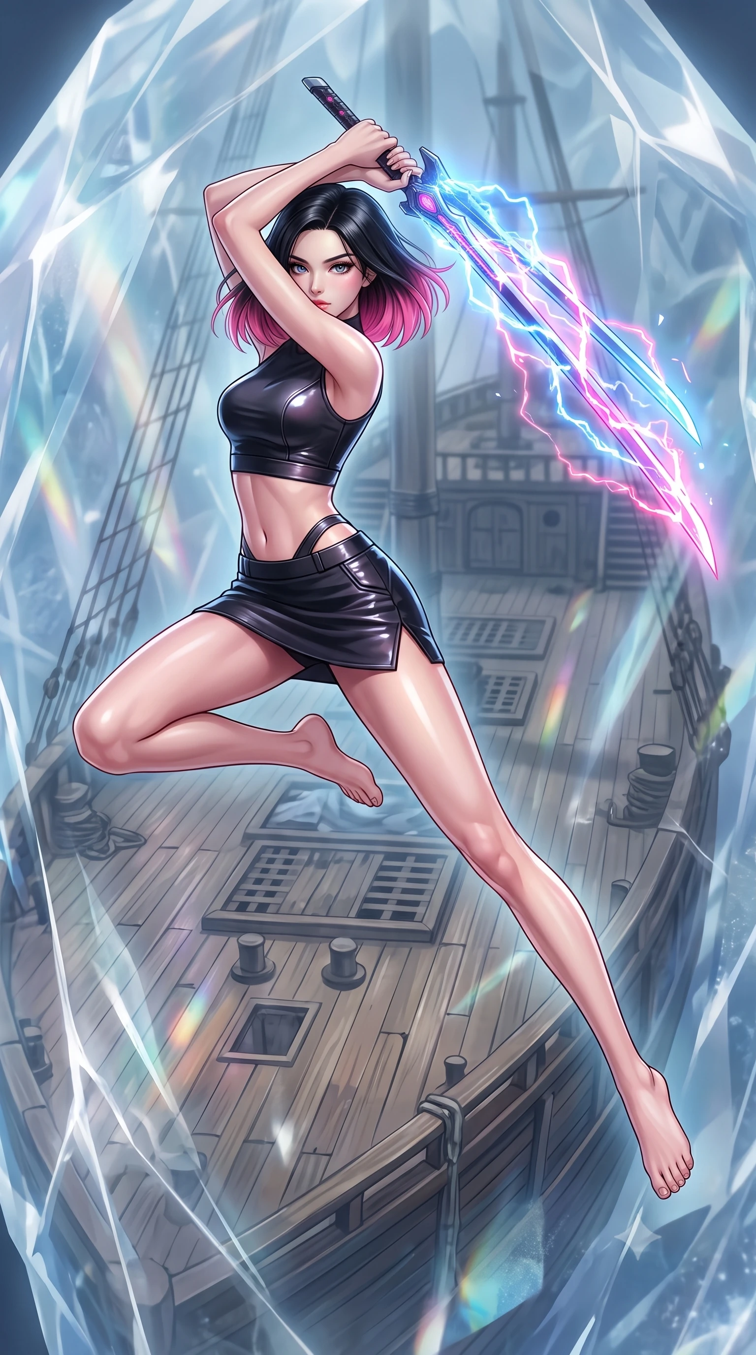 score_9, masterpiece, best quality, ultra-detailed, high-budget anime keyframe, editorial fashion photography, tasteful artistic composition, Korean woman. low angle full-body shot from head to toe showing her feet, filling the entire 9:16 vertical frame with her statuesque presence, stretching her vertical silhouette. leaping forward while slashing with a twin-bladed plasma sword in mid-air, her body-contouring suit showing her athletic silhouette, the background shows a soft-focus the deck of an ancient wooden battleship frozen inside a crystal of solid stilled-time. She has an absolutely perfect, statuesque 8.5-heads proportion, an exceptionally tall and slender model-like female figure with impossibly long slender legs and an ultra-slim waist. sharp v-shaped jawline, high-bridge nose, intricate jewel-like eyes with depth, thick eyelashes, glossy lips with a natural sheen. wearing a slim-fit modern carbon-alloy crop top paired with a low-rise tactical skirt and a subtle waist cut-out. soft stasis rays refracting through ice-like temporal fields. highly saturated vibrant anime colors, detailed shading with soft gradients, rich glossy textures, high-contrast stereoscopic depth, volumetric dynamic lighting, master piece, 9:16 ratio