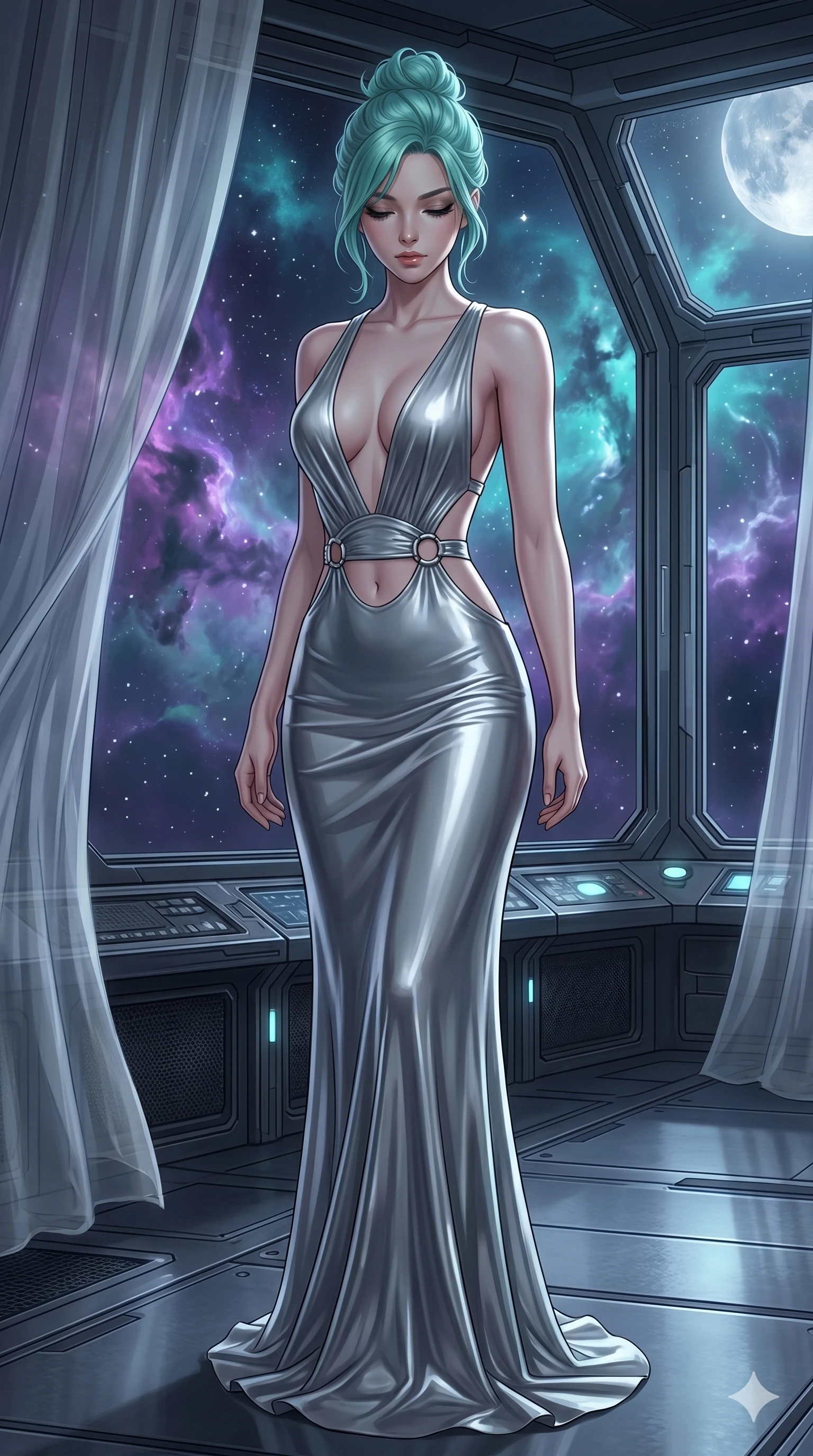score_9, masterpiece, best quality, ultra-detailed, high-budget anime keyframe, editorial fashion photography, tasteful artistic composition, Japanese woman. cowboy shot from the thighs up, character and outfit filling the frame for maximum editorial presence. Looking down with lowered lashes and a composed, powerful expression inside a deep-space observatory with nebula clouds of violet and teal drifting past panoramic windows. She has an absolutely perfect 8-heads proportion, an exceptionally tall and slender female figure with impossibly long slender legs and an ultra-slim waist. V-shaped jawline, high-bridge nose, intricate jewel-like eyes with depth, thick eyelashes, glossy lips with a natural sheen. wearing a deep plunging-V neck maxi dress in liquid silver jersey with a bold open-back, an architectural waist cutout framed by chrome ring hardware, and a body-contouring fit all the way to the floor. bathed in cold silver moonlight filtered through translucent gossamer curtains casting soft shadows on her curves. 2k, ultra detail, master piece, 9:16 ratio
