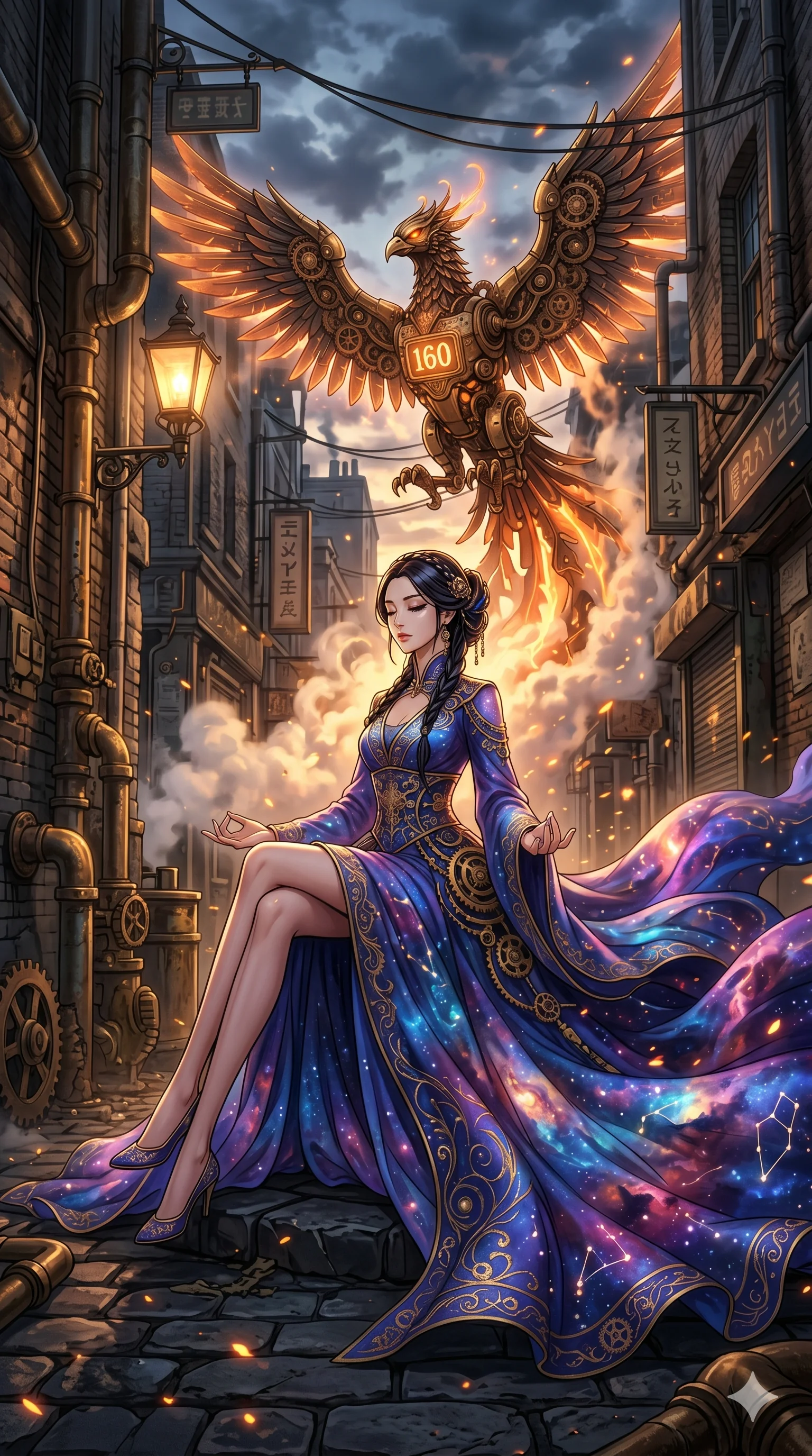 score_9, masterpiece, best quality, ultra-detailed, Set A: High-budget Anime Keyframe, Korean woman. Low angle cowboy shot filling the entire 9:16 frame with her statuesque presence. Theme: Urban Decay. meditating in a steampunk London alleyway, while a mechanical phoenix rises in the background marked 160. The atmosphere is filled with golden hour with floating embers. She has an absolutely perfect 8-heads proportion, an exceptionally tall and slender female figure with impossibly long slender legs and an ultra-slim waist. Sharp v-shaped jawline, high-bridge nose, intricate jewel-like eyes with depth, glossy lips. Wearing Ethereal star-gazer gown with a massive flowing train that looks like a nebula. Cinematic lighting, vivid colors, dramatic shadows, 2k, ultra detail, master piece, 9:16 ratio