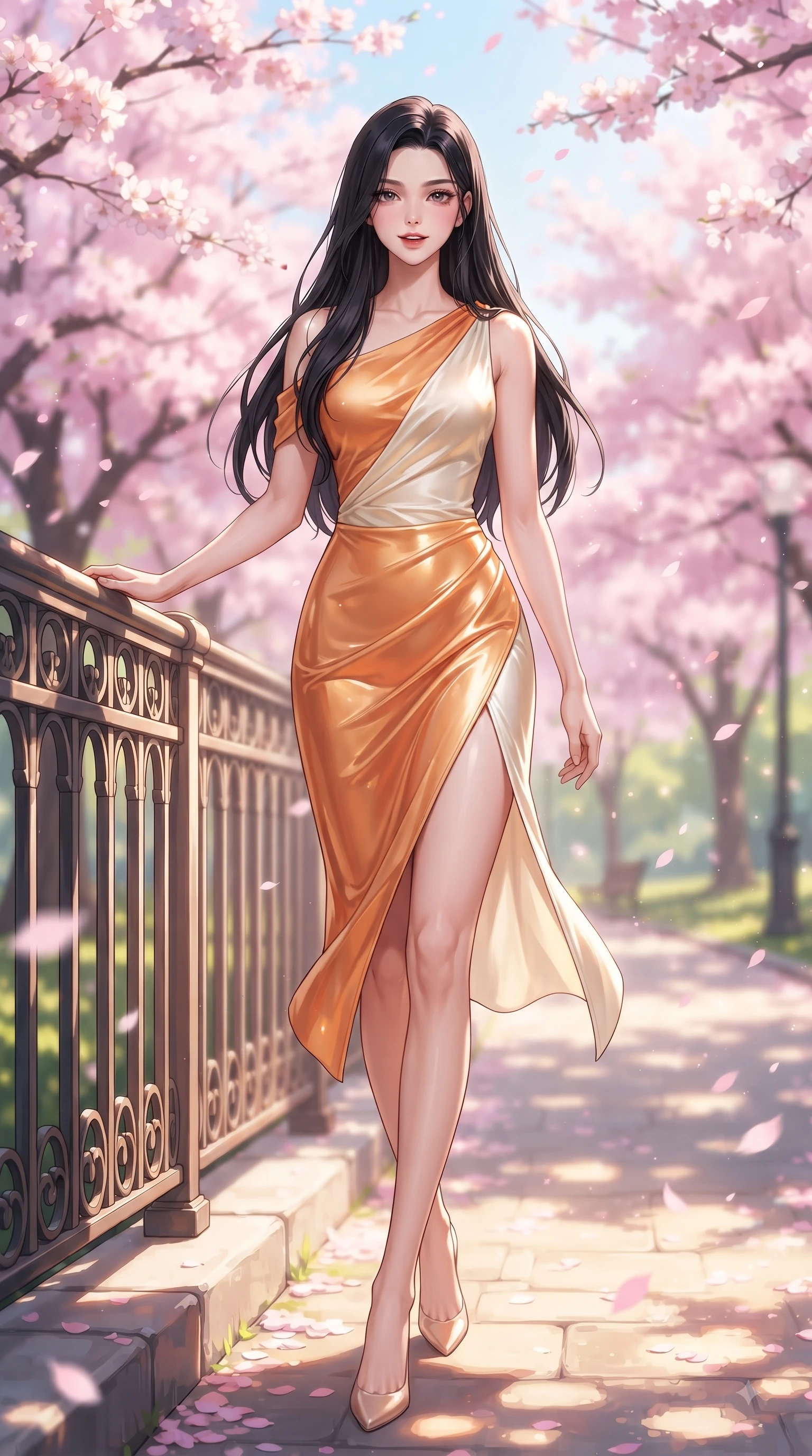 score_9, masterpiece, best quality, ultra-detailed, high-budget anime keyframe, editorial fashion photography, tasteful artistic composition, Korean woman. low angle full-body shot from head to toe showing her feet, filling the entire 9:16 vertical frame with her statuesque presence, stretching her vertical silhouette. stepping forward gracefully in mid-motion with a delighted cute expression, displaying her statuesque model proportions while leaning gracefully against a sunlit park railing framed by vibrant pink flower canopies. The composition keeps background elements in soft focus with dreamy bokeh. fluttering sakura petals and sunlit park paths softened in romantic background blur. She has an absolutely perfect, statuesque 8.5-heads proportion, an exceptionally tall and slender model-like female figure with impossibly long slender legs and an ultra-slim waist. sharp v-shaped jawline, high-bridge nose, intricate jewel-like eyes with depth, thick eyelashes, glossy lips with a natural sheen, flawlessly proportioned anatomical accuracy, natural body alignment, perfectly sculpted elegant limbs, clean dynamic posture without body distortion. wearing an asymmetrical draped chiffon midi dress with a sleek shoulder accent in warm apricot orange and cream white, made of lustrous stretch velvet, featuring a sleek side leg slit ascending to mid-thigh, the elegant draped fit framing her graceful clavicle and slender torso. surrounded by a fresh, sweet, and nostalgic spring park atmosphere. ultra-reflective glossy finish, specular highlights, metallic sheen, high-contrast stereoscopic depth, volumetric dynamic lighting, 2k, ultra detail, master piece, 9:16 ratio