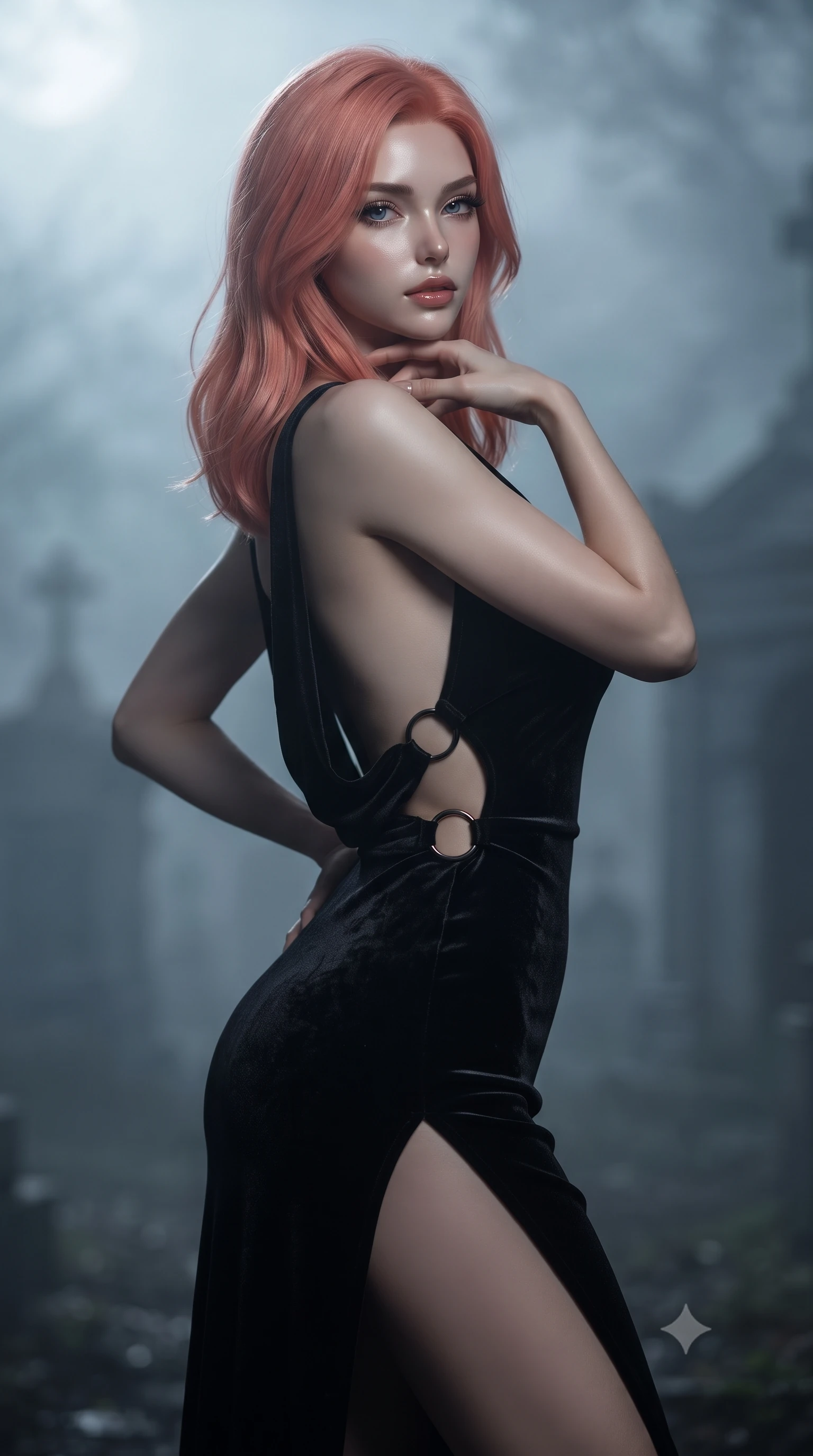 score_9, masterpiece, best quality, ultra-detailed, high-budget anime keyframe, editorial fashion photography, tasteful artistic composition, Japanese woman. close-up cowboy shot from the waist and thighs up, the character dominates the composition, filling the frame with her large presence. twisting her upper body in a dynamic S-curve with an alluring smolder, one hand resting on her hip while gazing through heavy lashes with haughty, seductive disdain while resting her fingers lightly against her throat with a seductive, haunting half-smile looking into the camera lens. The composition keeps background elements in soft focus with creamy bokeh. thick rolling graveyard fog and distant moonlit mausoleums blurred into creamy charcoal and slate bokeh. She has an exceptionally elegant, slender, and willowy female figure with an ultra-slim waist, a gracefully sculpted slender torso, toned flat midriff, and a refined slim silhouette. sharp v-shaped jawline, high-bridge nose, intricate jewel-like eyes with depth, thick eyelashes, glossy lips with a natural sheen, flawlessly proportioned anatomical accuracy, strict slender model proportions, natural body alignment, perfectly sculpted long slender limbs, ultra-slim waistline, clean dynamic posture without body distortion. wearing a precision-fitted liquid jersey bodycon dress in obsidian black with a dramatic draped cowl back that swoops down to her waist and a high side slit in dark obsidian black with polished gunmetal accents, made of rich crushed velvet that catches deep directional light with soft gradients, detailed with polished gunmetal rings connecting the daring side-waist cutouts, the glove-like aerodynamic second-skin fit tightly clinging to her ultra-slender waist and athletic curves without adding bulk, accentuating her razor-sharp statuesque lines and slim hourglass silhouette. bathed in cool silver moonlight backlighting and dense misty ambient glow. ultra-reflective glossy finish, specular highlights, dark metallic sheen, deep chiaroscuro contrast, volumetric dynamic shadow lighting, 2k, ultra detail, master piece, 9:16 ratio