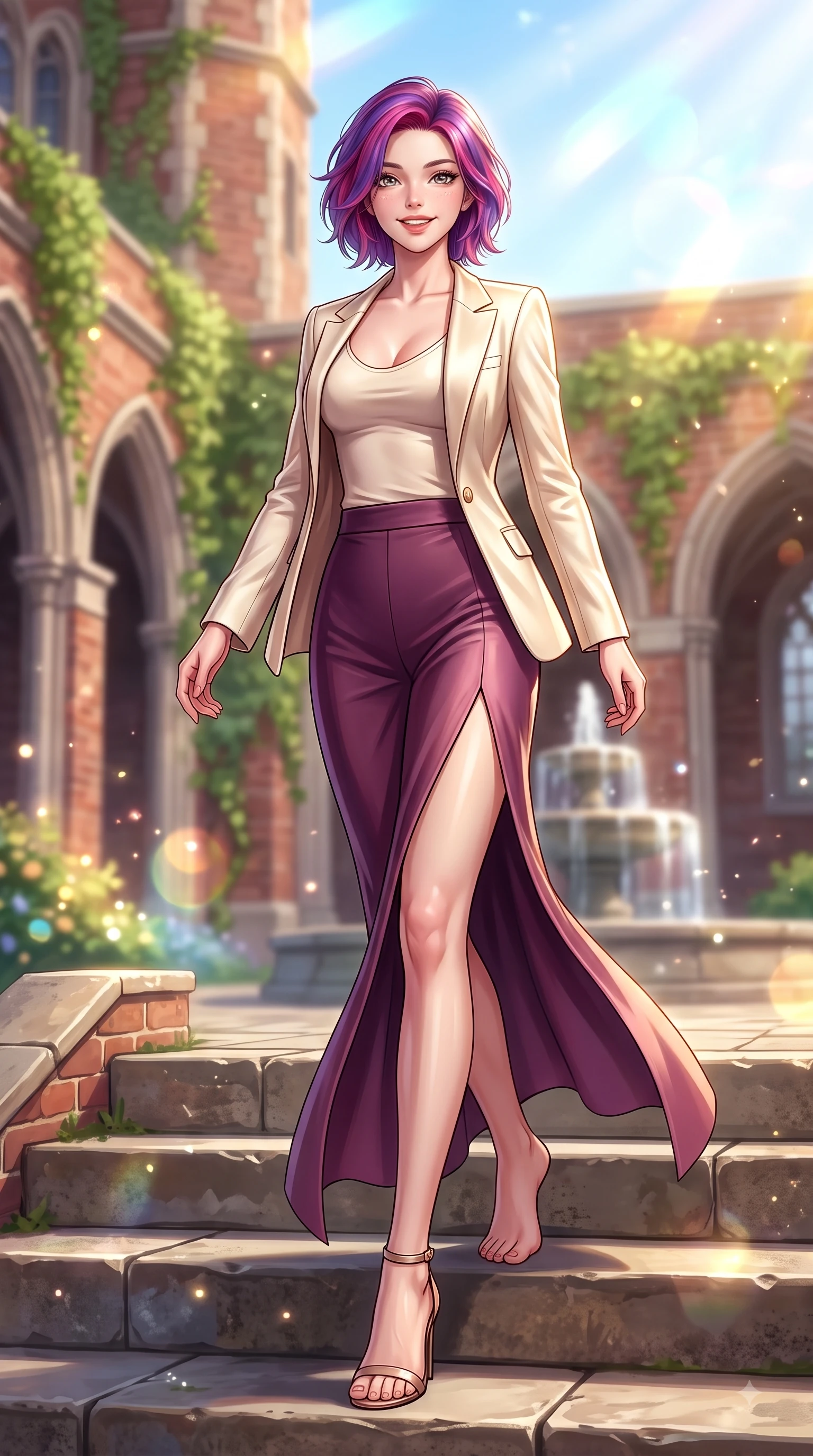 score_9, masterpiece, best quality, ultra-detailed, high-budget anime keyframe, editorial fashion photography, tasteful artistic composition, Caucasian woman. low angle full-body shot from head to toe showing her feet, filling the entire 9:16 vertical frame with her statuesque presence, stretching her vertical silhouette. stepping forward gracefully in mid-motion with a delighted cute expression, displaying her statuesque model proportions while pivoting dynamically on the stone steps of a red-brick ivy-draped hall with youthful grace. The composition keeps background elements in soft focus with dreamy bokeh. gothic campus arches and sparkling fountain water softened in gentle shallow focus. She has an absolutely perfect, statuesque 8.5-heads proportion, an exceptionally tall and slender model-like female figure with impossibly long slender legs and an ultra-slim waist. sharp v-shaped jawline, high-bridge nose, intricate jewel-like eyes with depth, thick eyelashes, glossy lips with a natural sheen, flawlessly proportioned anatomical accuracy, natural body alignment, perfectly sculpted elegant limbs, clean dynamic posture without body distortion. wearing a tailored cream silk blazer over a fitted scoop-neck camisole and slacks in rich plum purple and rose gold, made of premium stretch jersey that follows her curves like a glove, featuring a sleek side leg slit ascending to mid-thigh, the sleek second-skin texture accentuating her magnetic presence. illuminated by warm golden sunbursts and bright clear sky refractions. highly saturated vibrant anime colors, detailed shading with soft gradients, rich glossy textures, high-contrast stereoscopic depth, volumetric dynamic lighting, master piece, 9:16 ratio