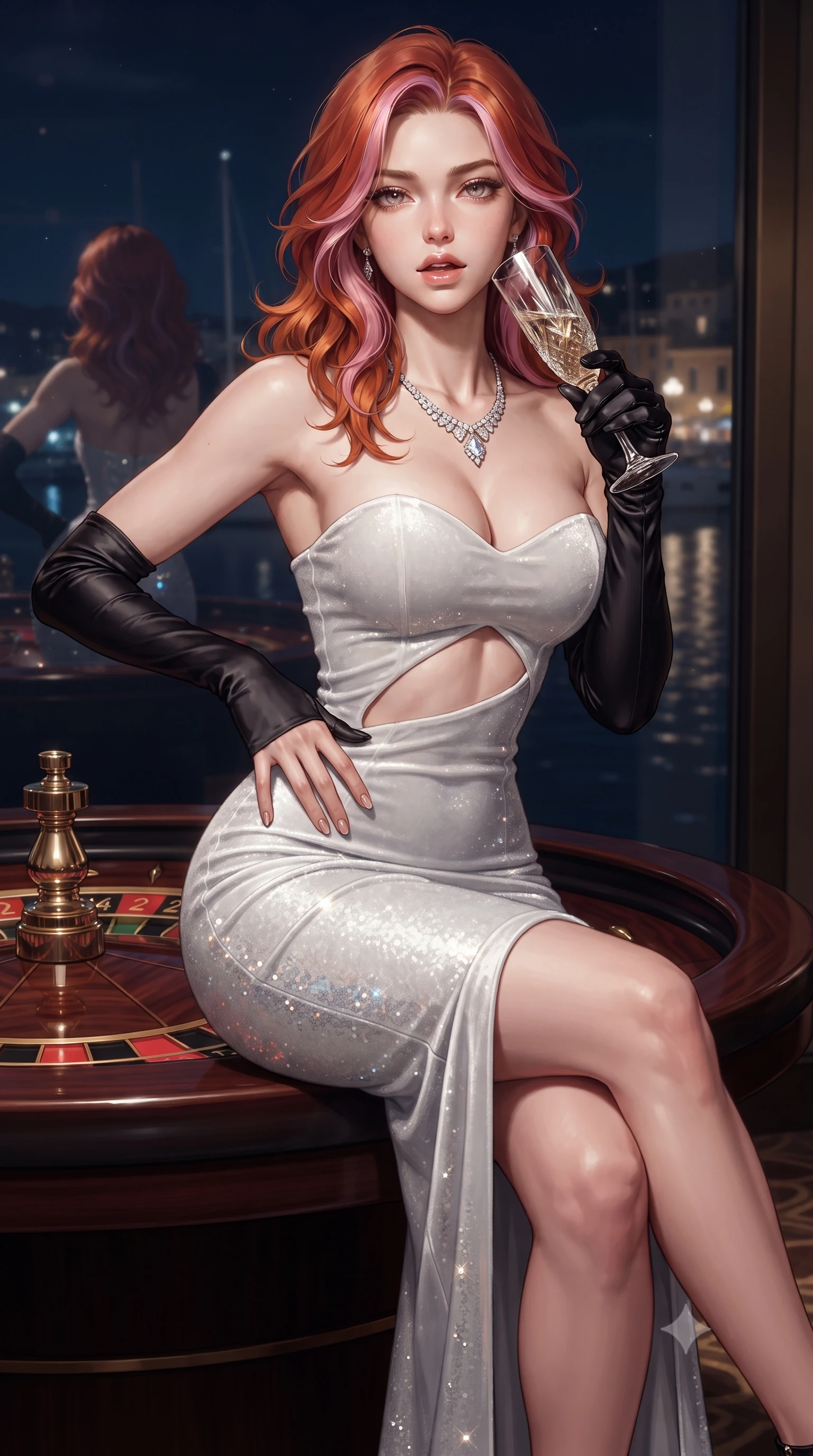 score_9, masterpiece, best quality, ultra-detailed, high-budget anime keyframe, editorial fashion photography, tasteful artistic composition, Caucasian woman. close-up cowboy shot from the waist and thighs up, the character dominates the composition, filling the frame with her large presence. resting one manicured hand delicately on her hip bone, her upper body turning in a fluid, seductive S-curve while parted lips glisten in the light while perching on the rim of a luxury mahogany roulette table with legs crossed, arching her lower back while holding a crystal champagne flute to her lips. The surrounding environment is rendered in vivid detail and crisp panoramic clarity. detailed sequin dress reflections, diamond necklace fire, and Mediterranean night harbor in high clarity. She has an exceptionally elegant, slender, and willowy female figure with an ultra-slim waist, a gracefully sculpted slender torso, toned flat midriff, and rounded feminine hips creating an alluring hourglass silhouette. sharp v-shaped jawline, high-bridge nose, intricate jewel-like eyes with depth, thick eyelashes, glossy parted lips with a natural sheen, intensely captivating and seductive bedroom-eyes expression, flawlessly proportioned anatomical accuracy, strict slender model proportions, natural body alignment, perfectly sculpted long slender limbs, ultra-slim waistline, clean dynamic posture without body distortion. wearing a sculptured strapless velvet evening gown with an open-waist ring cutout and body-hugging mermaid silhouette in pristine arctic white and metallic silver, woven from layered gossamer chiffon with a weightless sweeping drape, accessorized with opera-length black satin gloves and a vintage crystal champagne flute, the liquid-tight tailored fabric clinging flawlessly to her narrow waist and rounded feminine hips, emphasizing every millimeter of her sculpted hourglass curves during movement. illuminated by crisp directional spotlights sharply defining her narrow waistline, sculpted spine, and curvy hips. ultra-reflective glossy finish, specular highlights, rich textural contrasts, high-contrast stereoscopic depth, volumetric dynamic lighting, 2k, ultra detail, master piece, 9:16 ratio
